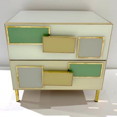 Italian Geometric Pair Postmodern Yellow Green Cream Gray Glass & Brass Chests
