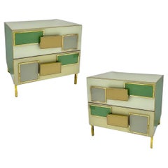 Italian Geometric Pair Postmodern Yellow Green Cream Gray Glass & Brass Chests