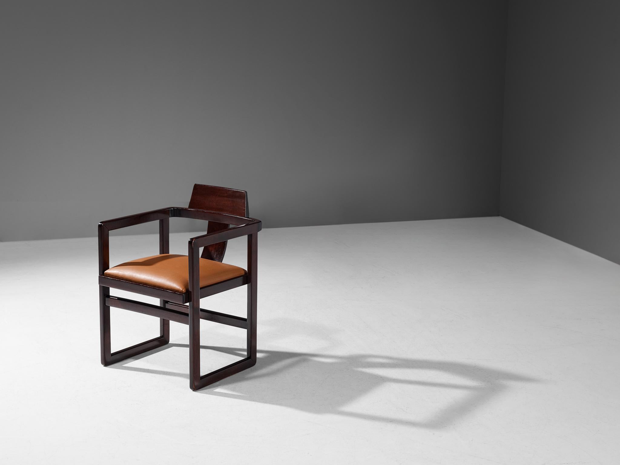 Armchair, stained wood, leatherette, Italy, 1970s

Simplistic yet elegant Italian armchair. Straight geometrical lines are prominent in the execution, for example to be seen in its dark red stained wooden frame. An elegant feature are the rounded