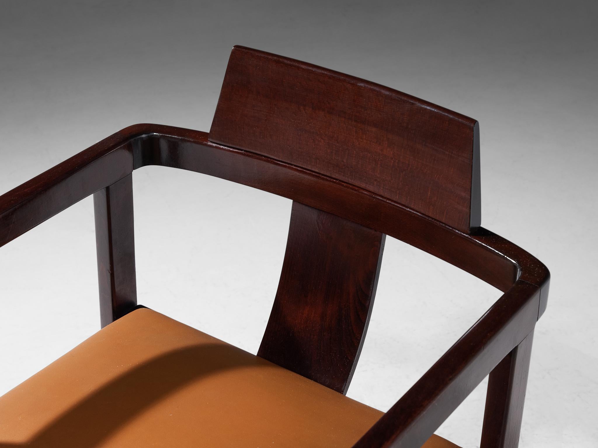 Italian Geometrical Armchair in Cognac Upholstery and Stained Wood In Good Condition In Waalwijk, NL