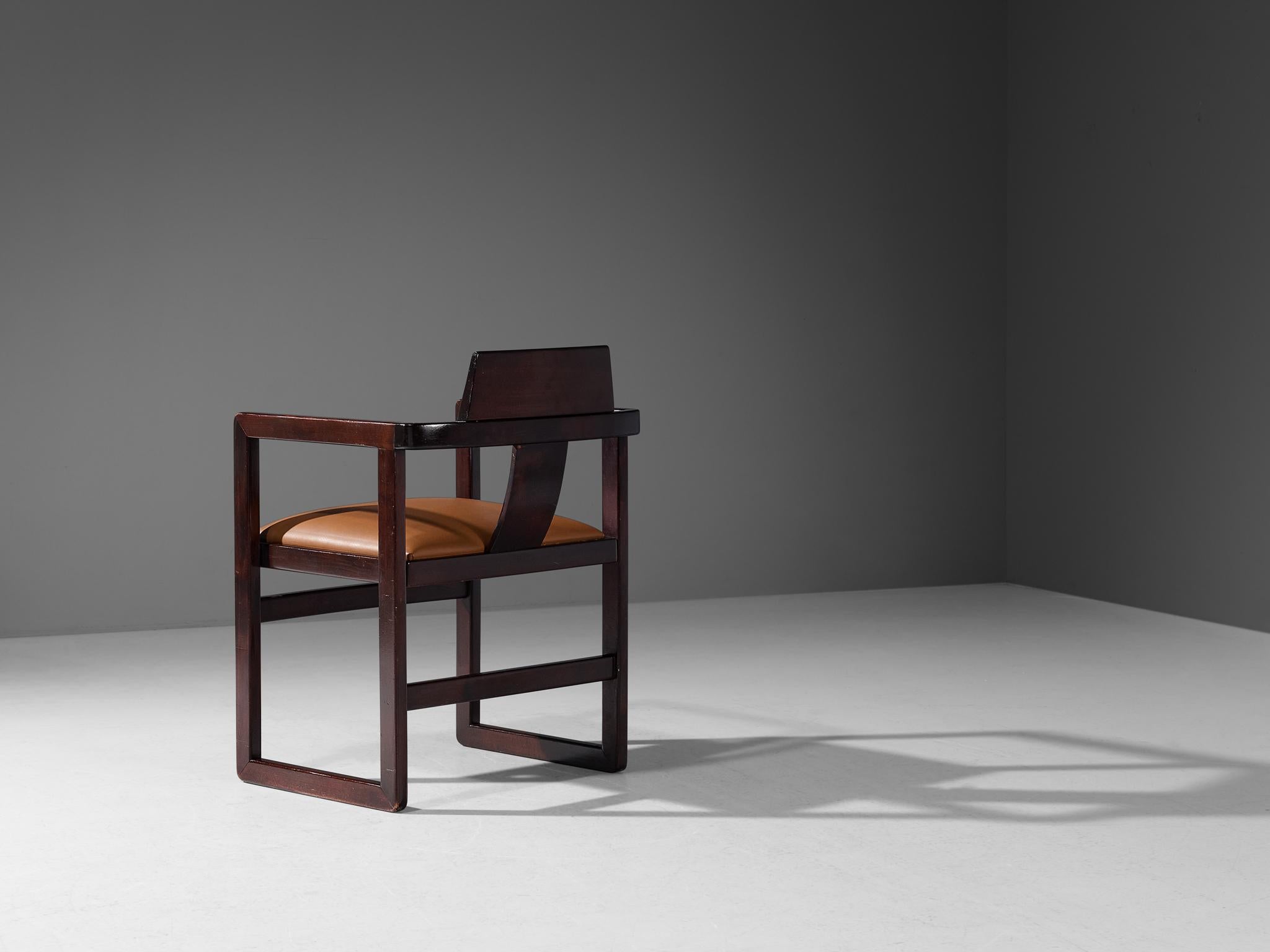 Late 20th Century Italian Geometrical Armchair in Cognac Upholstery and Stained Wood