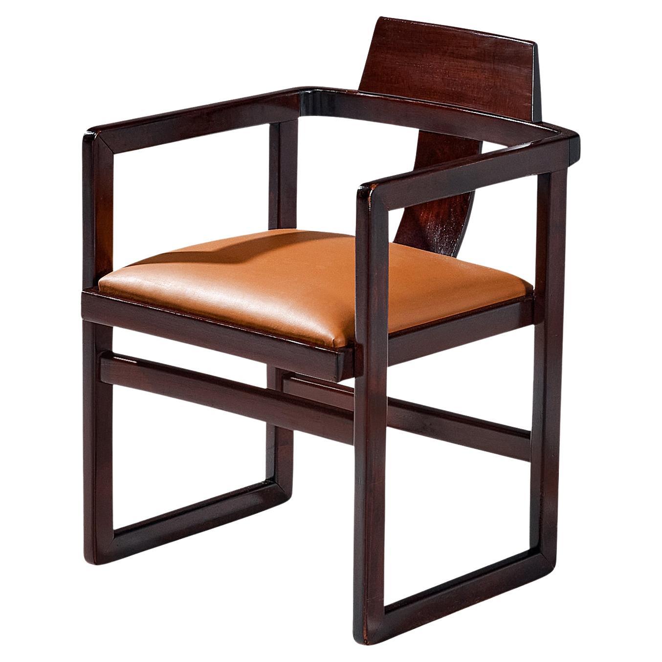 Italian Geometrical Armchair in Cognac Upholstery and Stained Wood  For Sale