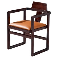 Italian Geometrical Armchair in Cognac Upholstery and Stained Wood
