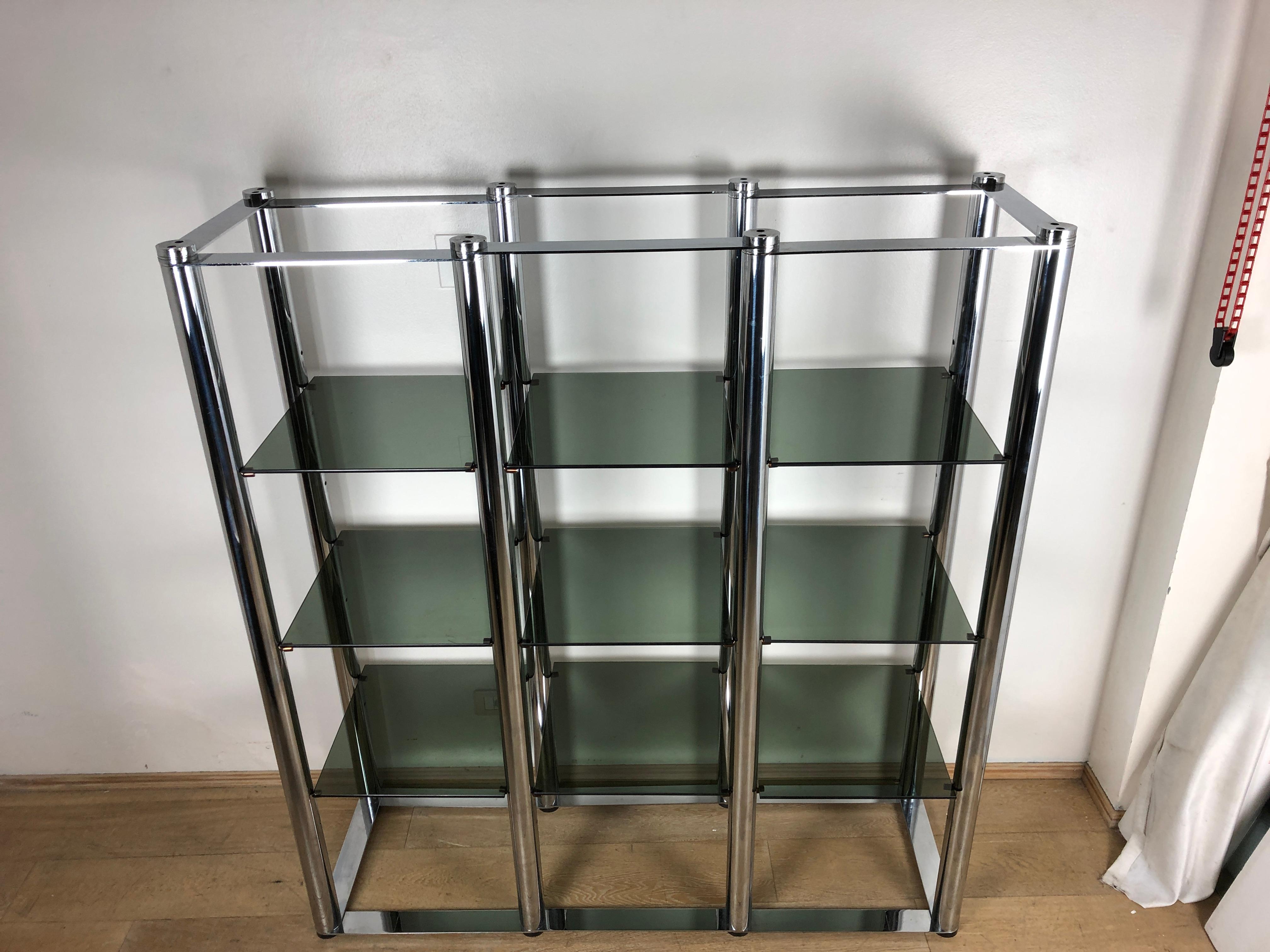 Italian Geometrical Vintage Smoked Glass Steel Structure Bookcase, 1970s 8