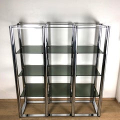 Italian Geometrical Vintage Smoked Glass Steel Structure Bookcase, 1970s