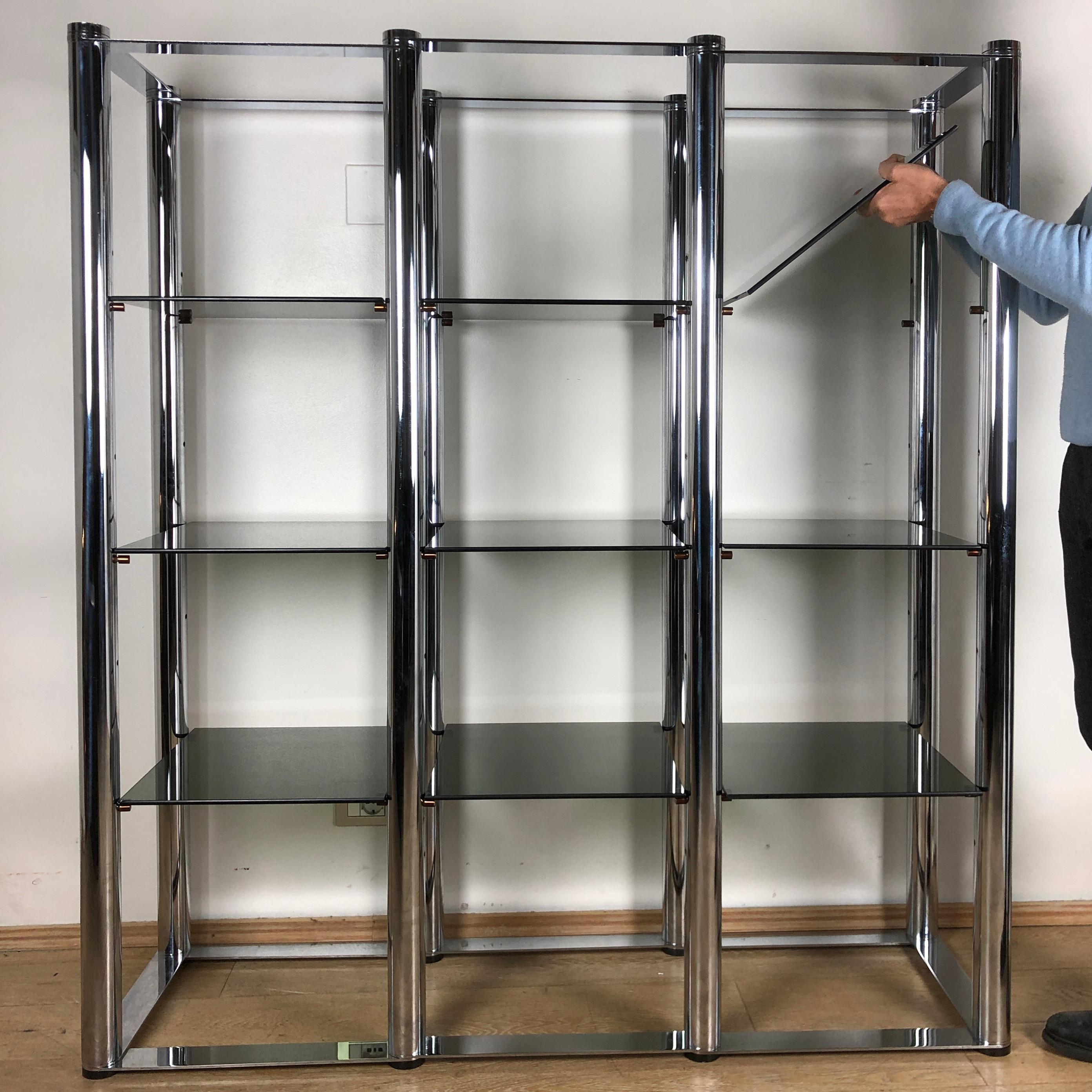 Italian Geometrical Vintage Smoked Glass Steel Structure Bookcase, 1970s 1
