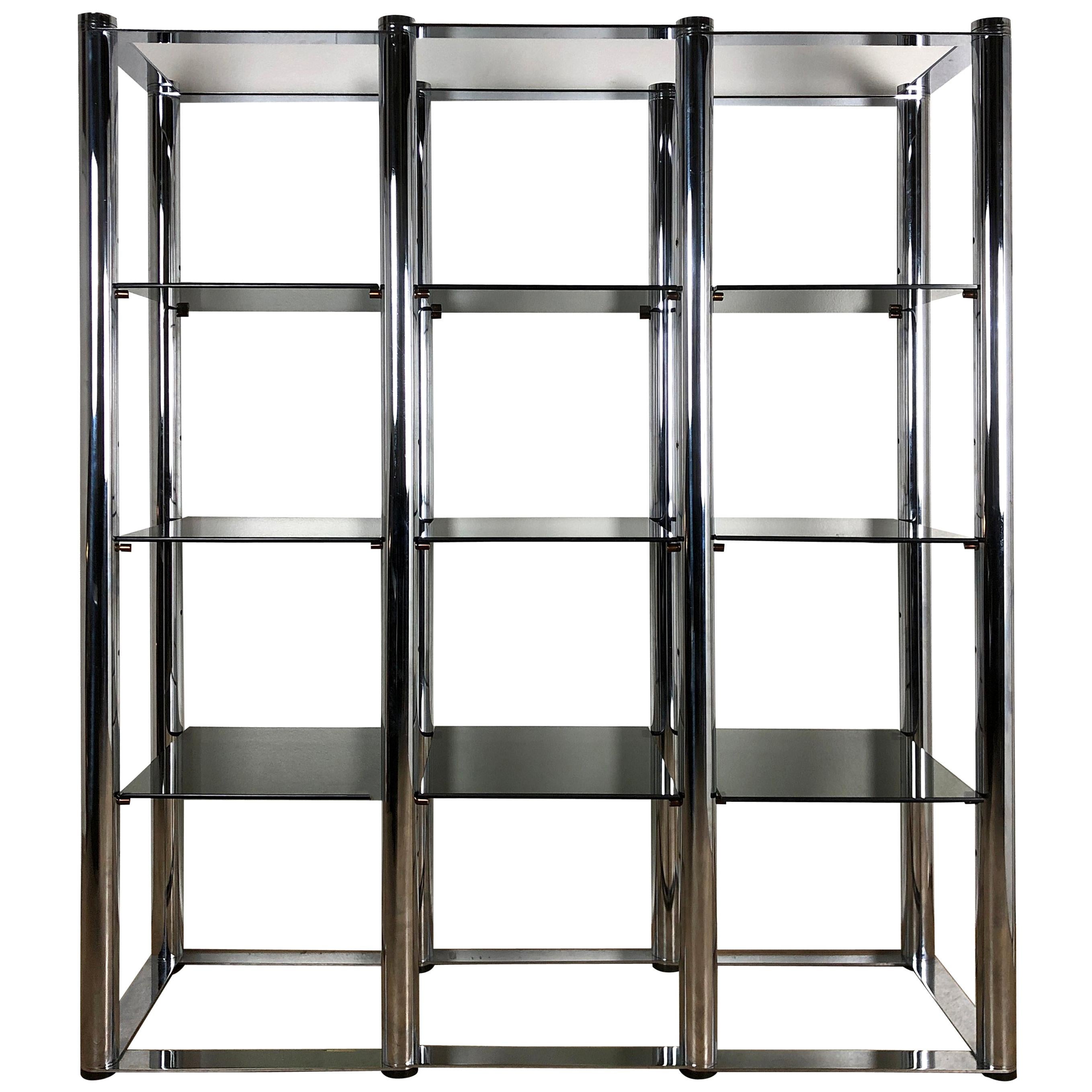 Italian Geometrical Vintage Smoked Glass Steel Structure Bookcase, 1970s