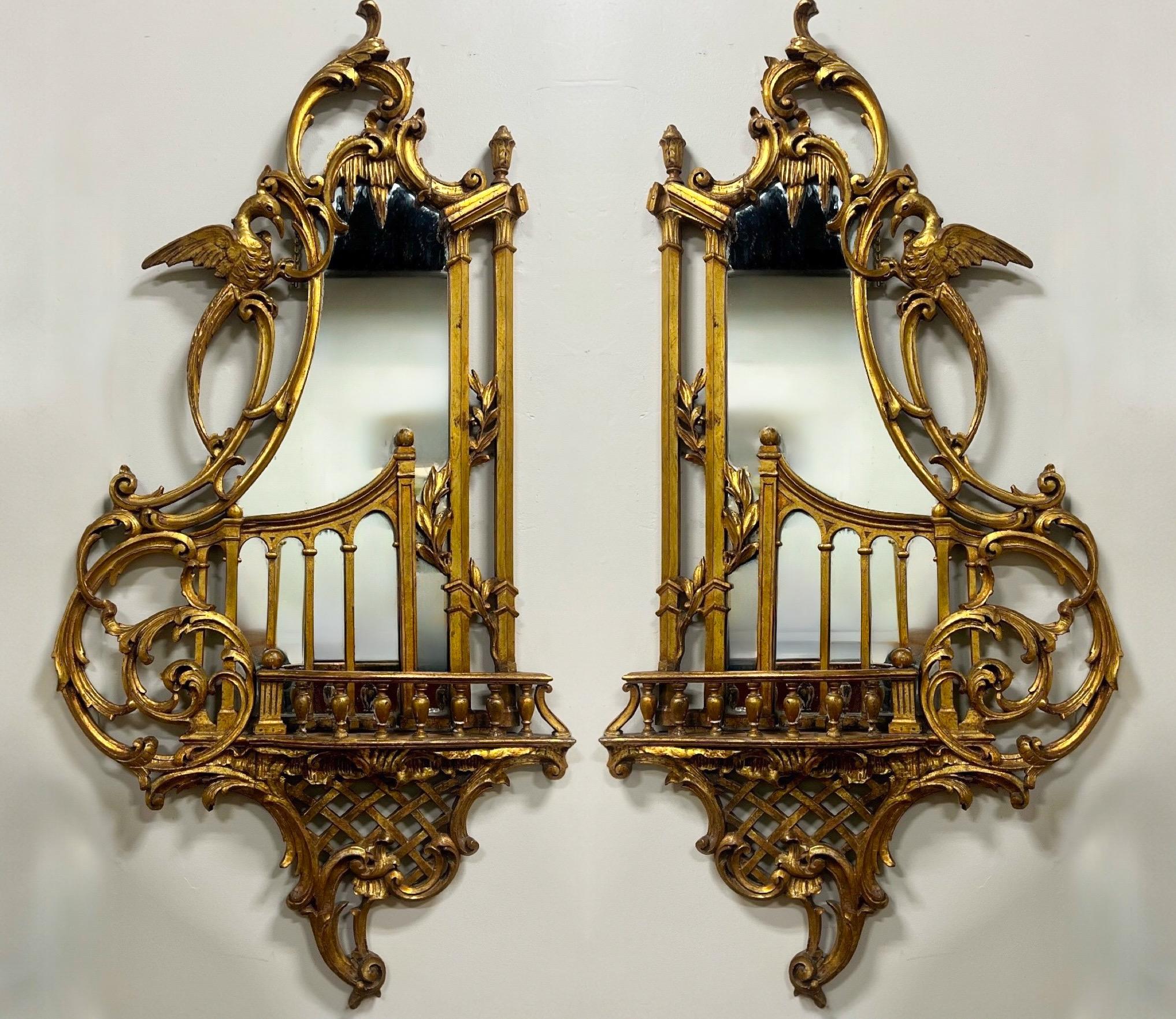 Miroirs muraux italiens géorgiens en bois doré de style Chippendale chinois - 51 pouces S/2 en vente 1
