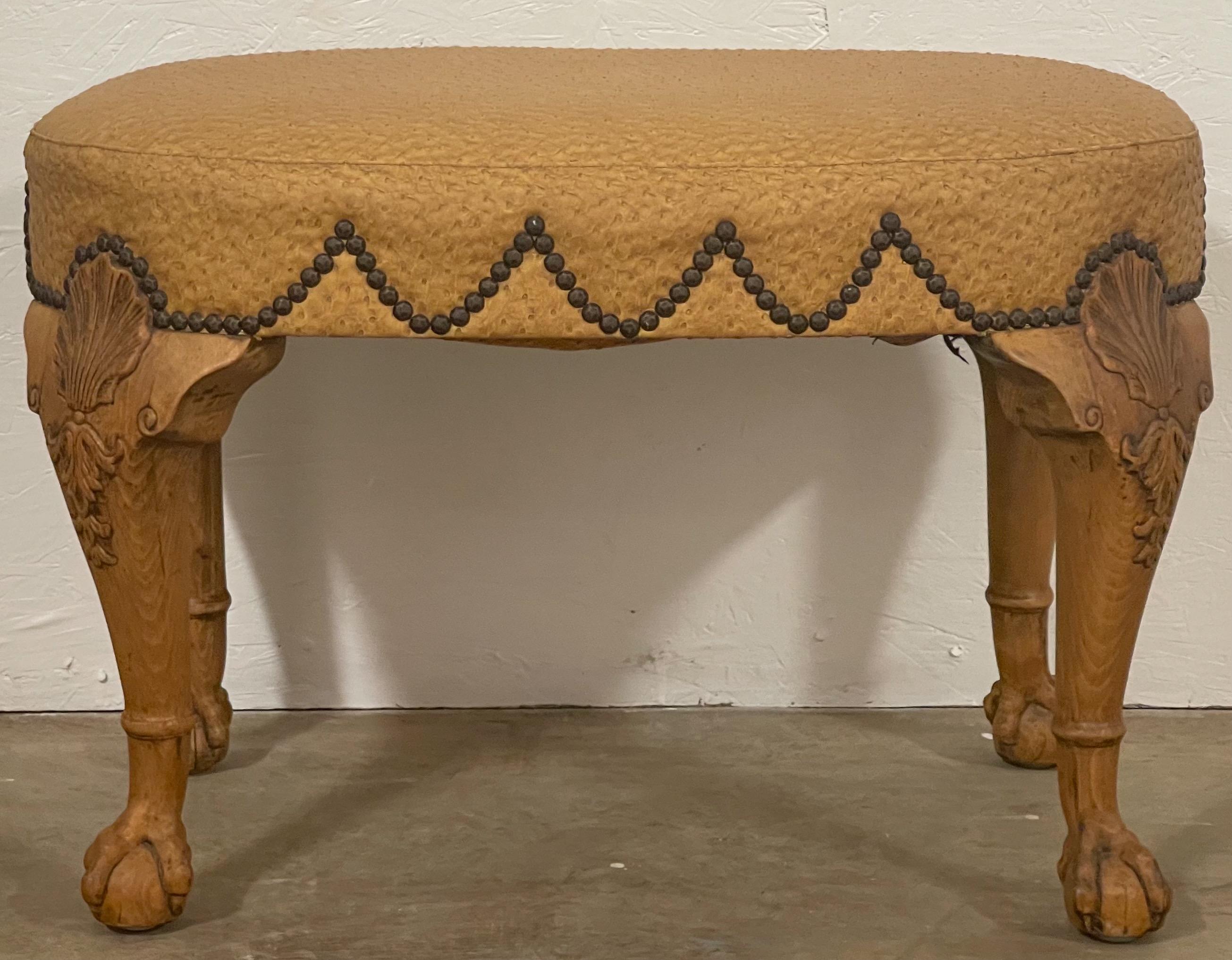 20th Century English Georgian Style Carved Fruitwood Bench / Ottoman in Ostrich Leather For Sale