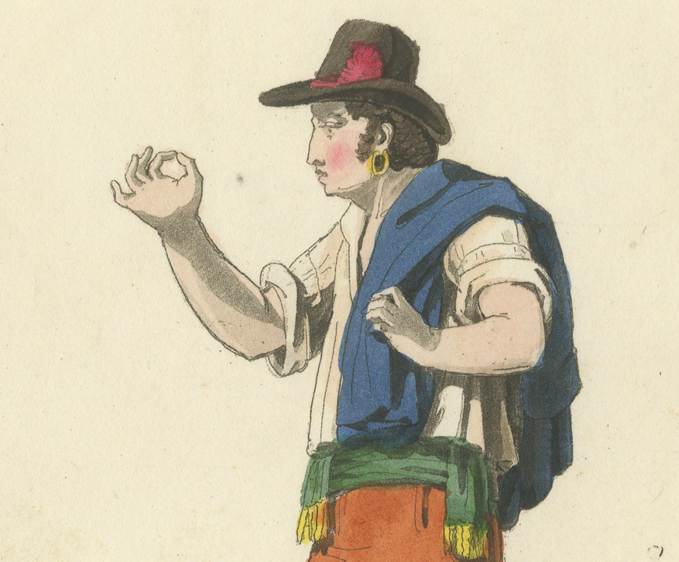 Gravé Gestes italiens : Costumes traditionnels et langage corporel, gravure des années 1820 en vente