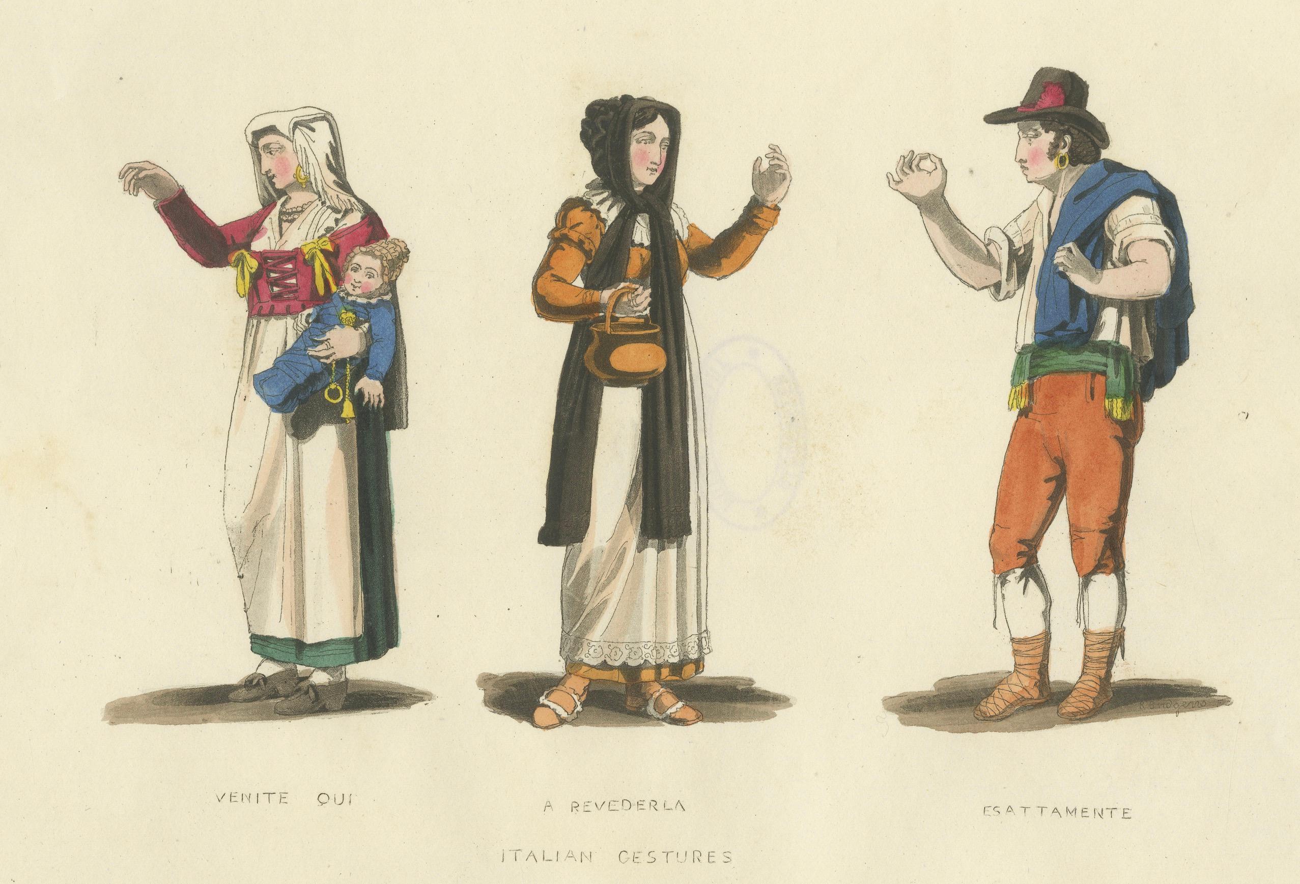 Papier Gestes italiens : Costumes traditionnels et langage corporel, gravure des années 1820 en vente