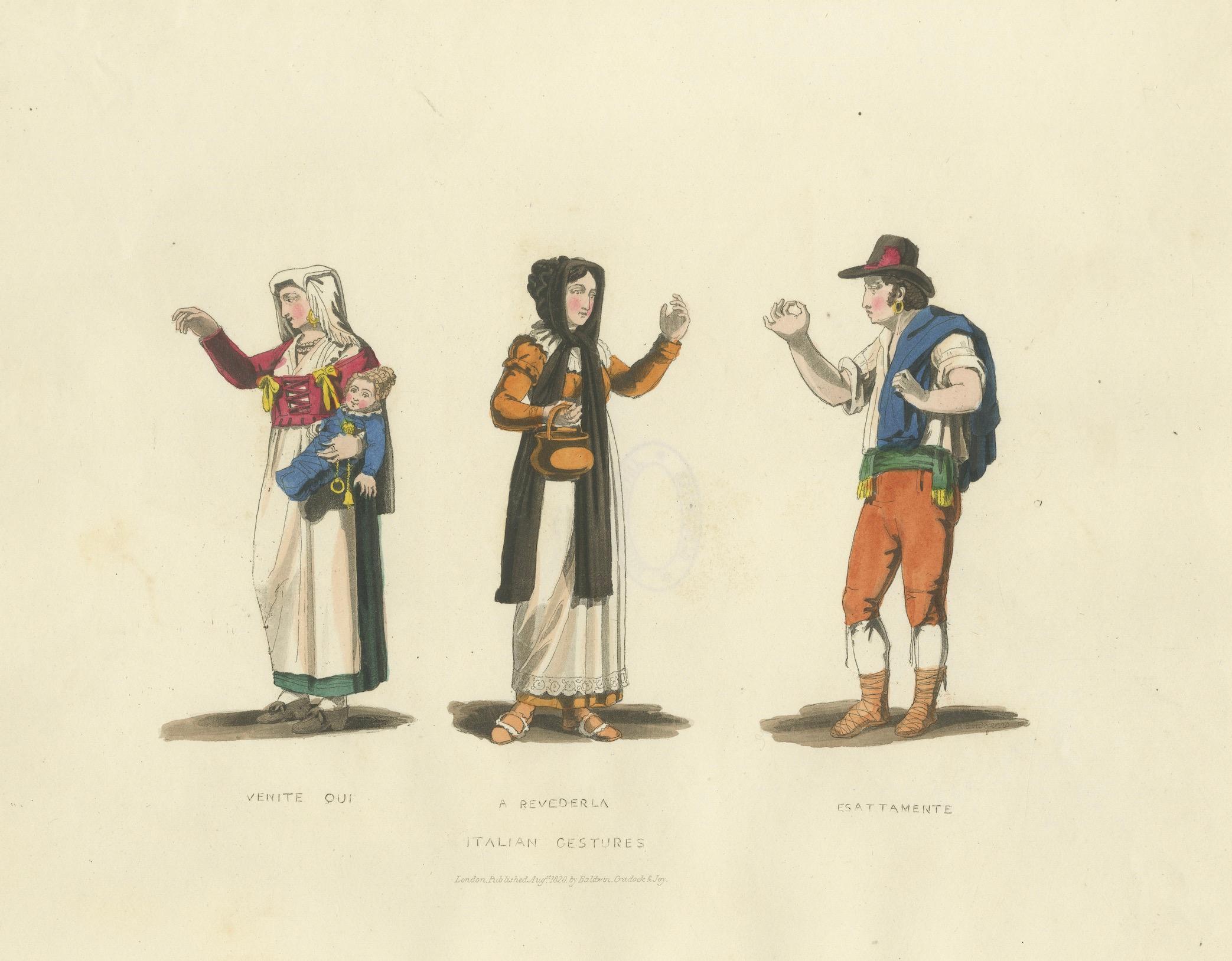Gestes italiens : Costumes traditionnels et langage corporel, gravure des années 1820 en vente 1