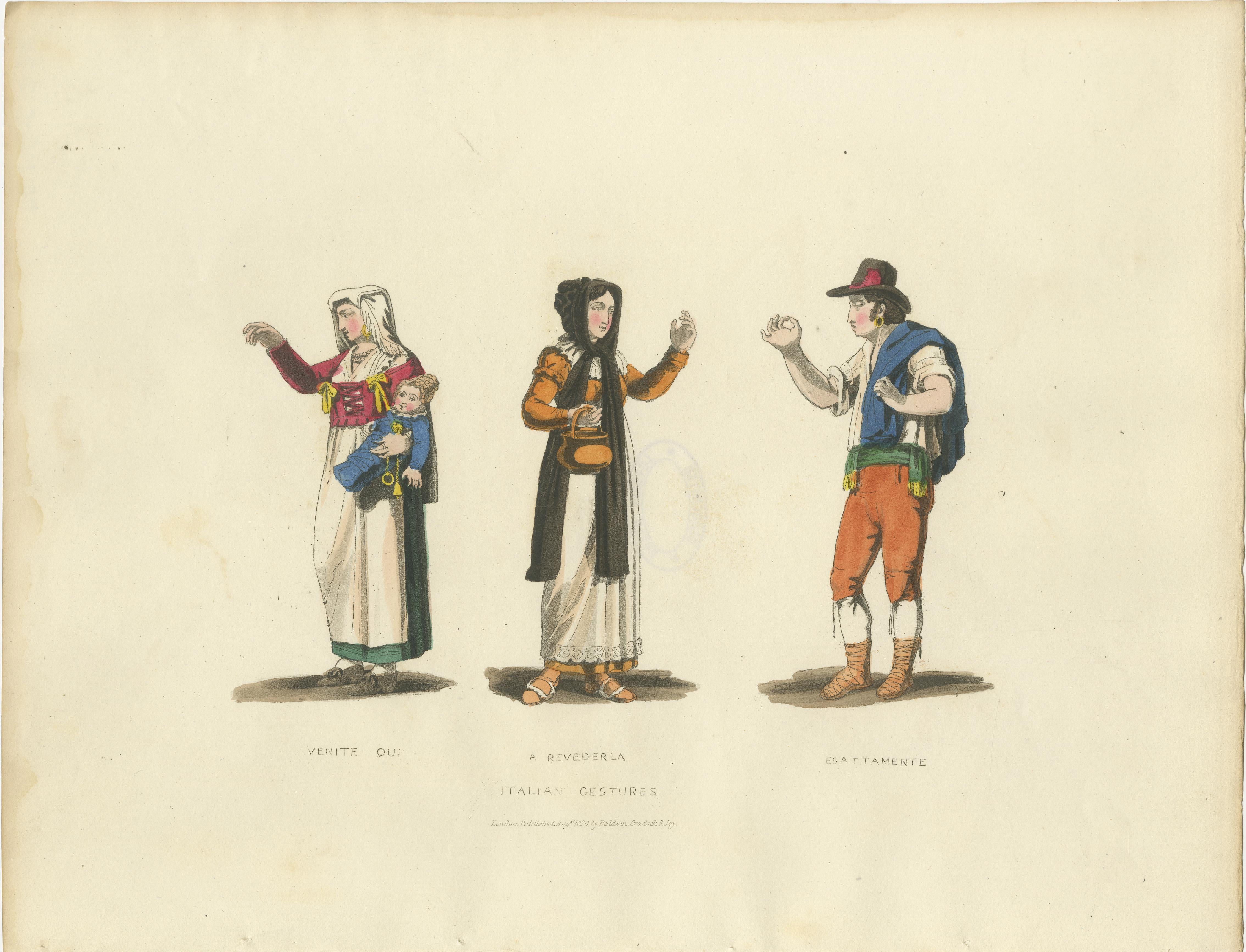 Gestes italiens : Costumes traditionnels et langage corporel, gravure des années 1820 en vente 2