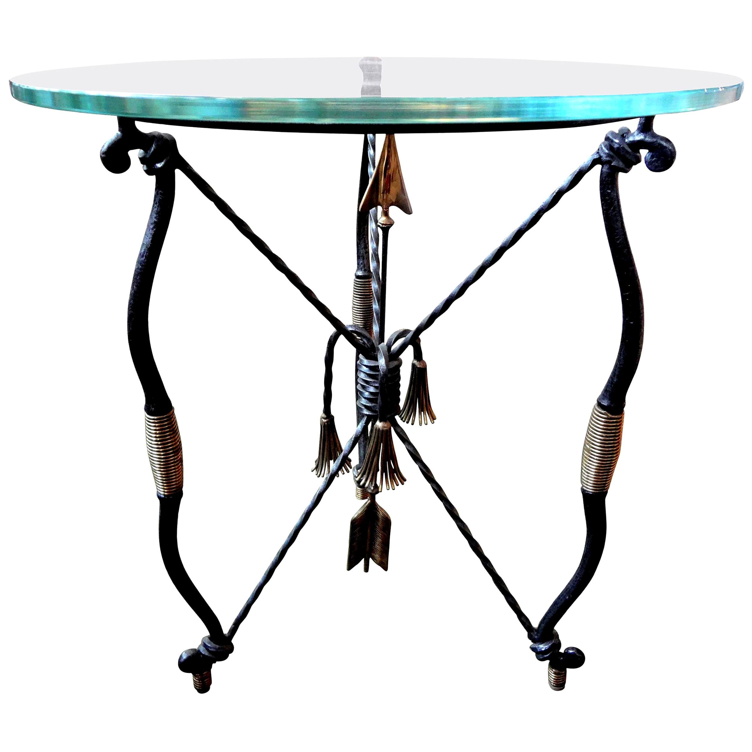 Italian Giacometti Inspired Iron and Brass Table with Glass Top