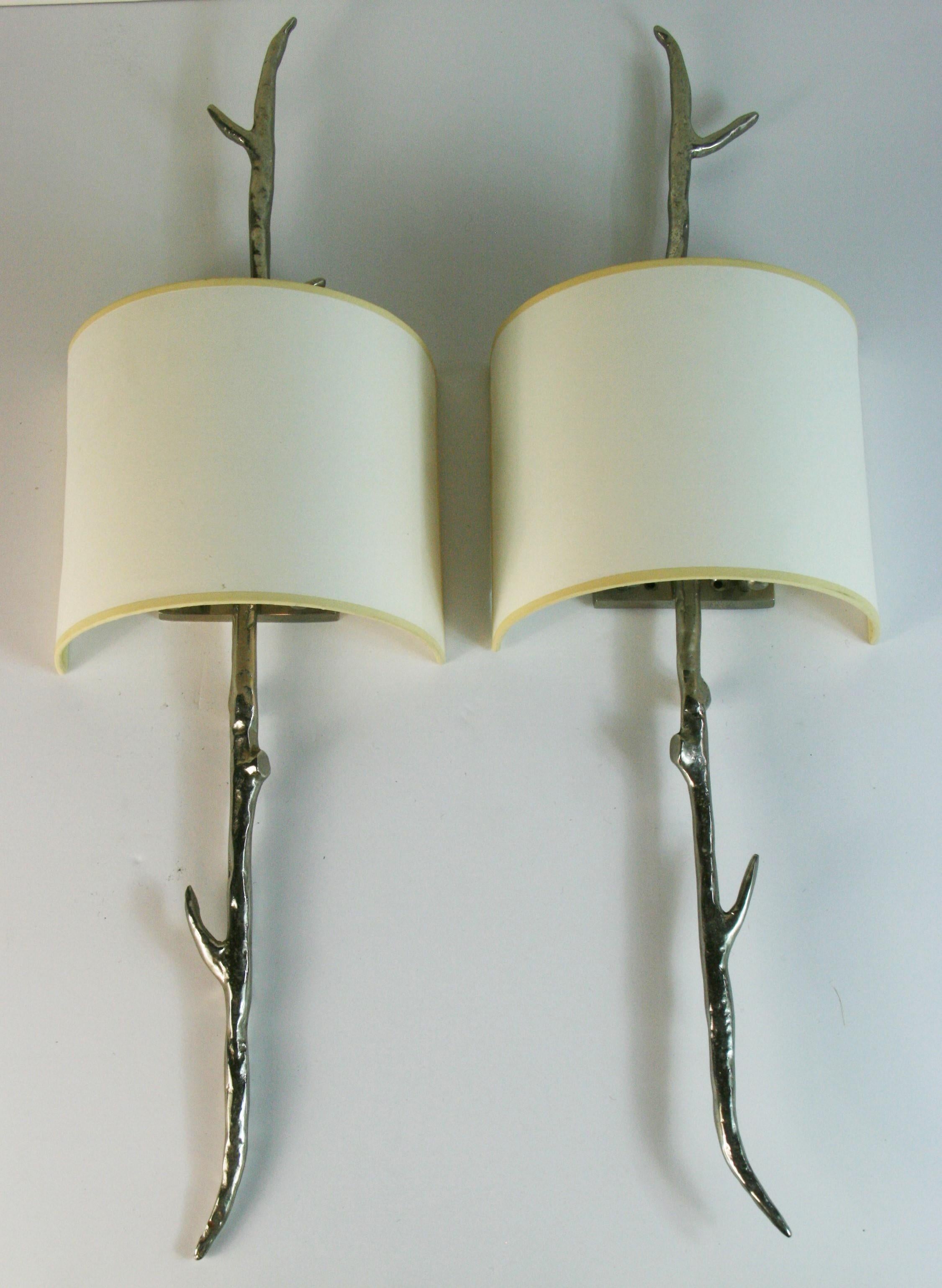 1673 Pair large Italian Giacometti inspired matched pair  2 light sconces with custom shades
2 pair available priced per pair
