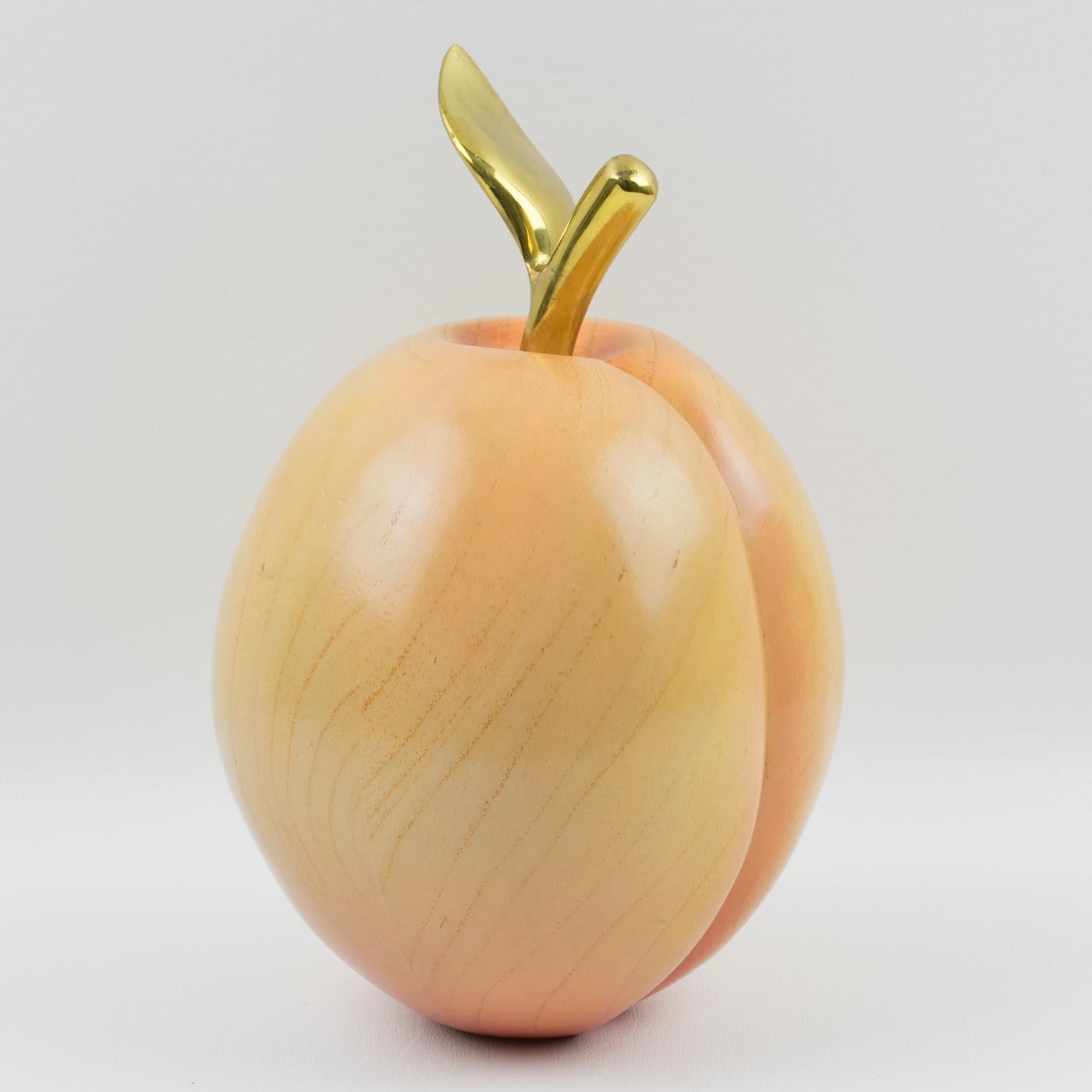 Mid-Century moderno Italian Giant Carved Wood and Brass Peach Decorative Sculpture, 1980s in vendita