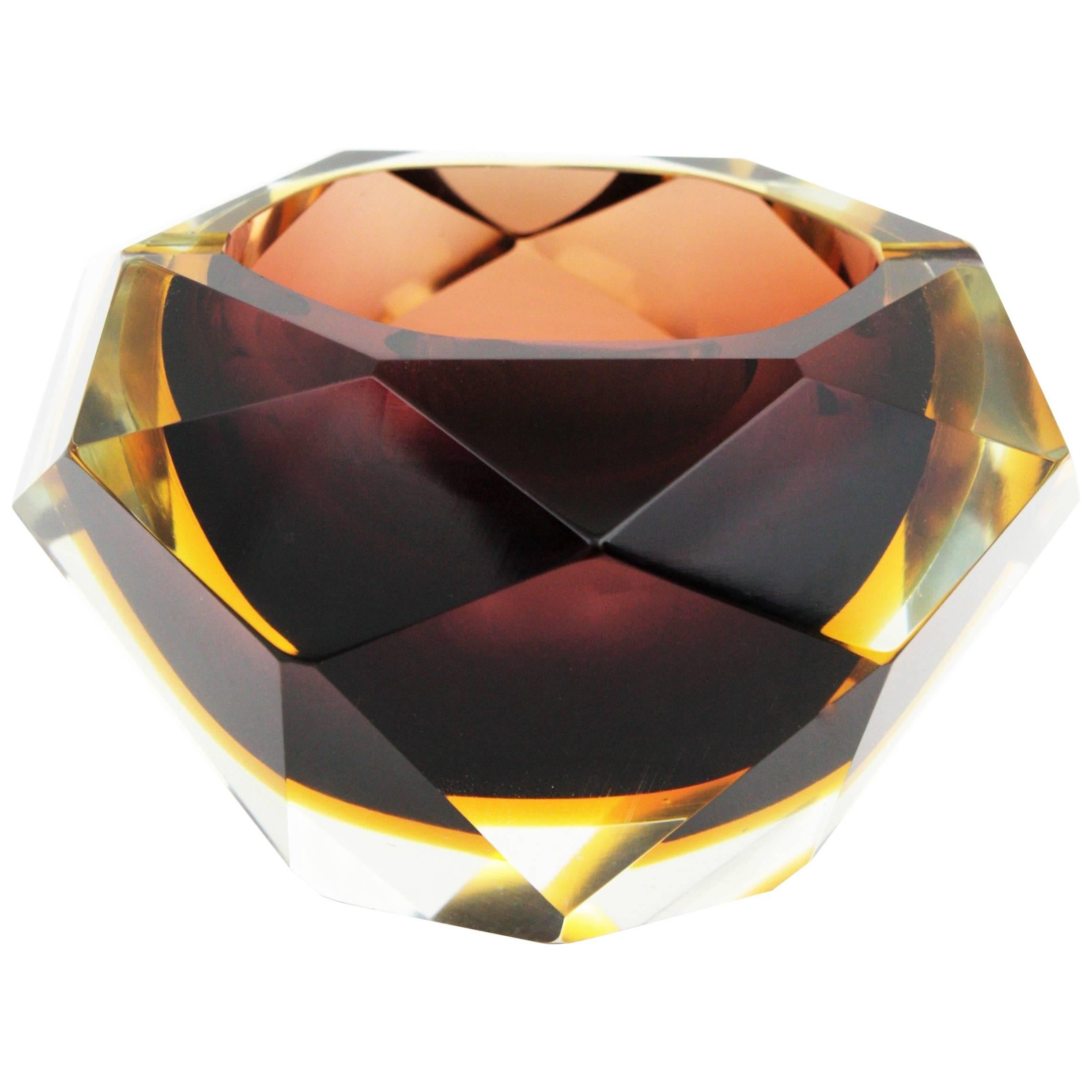 Italian Giant Madruzzato Brown & Yellow Faceted Sommerso Murano Glass Ashtray