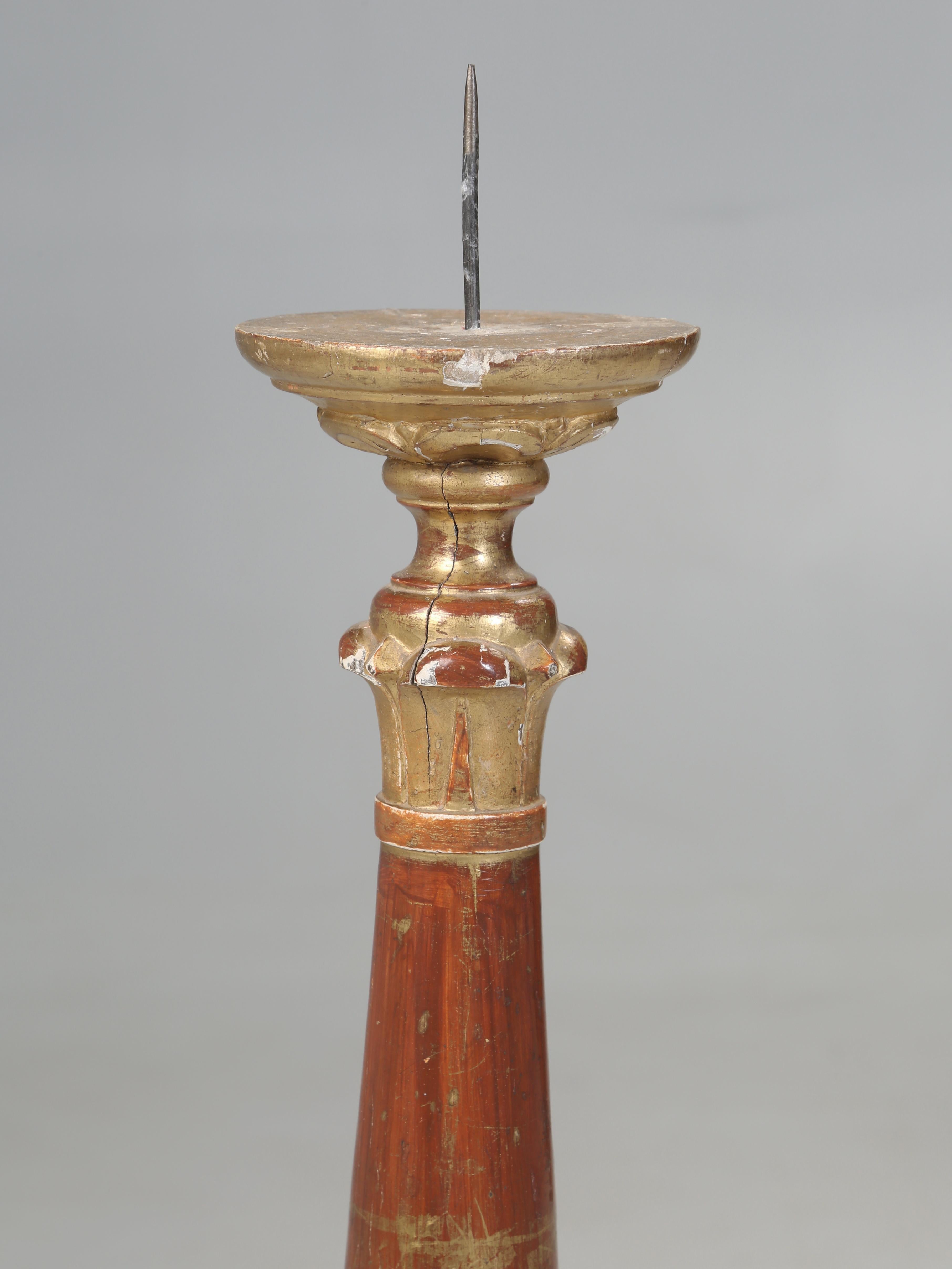 Renaissance Italian Gilded Altar Candlestick Completely Original and Unrestored c1780-1820 For Sale