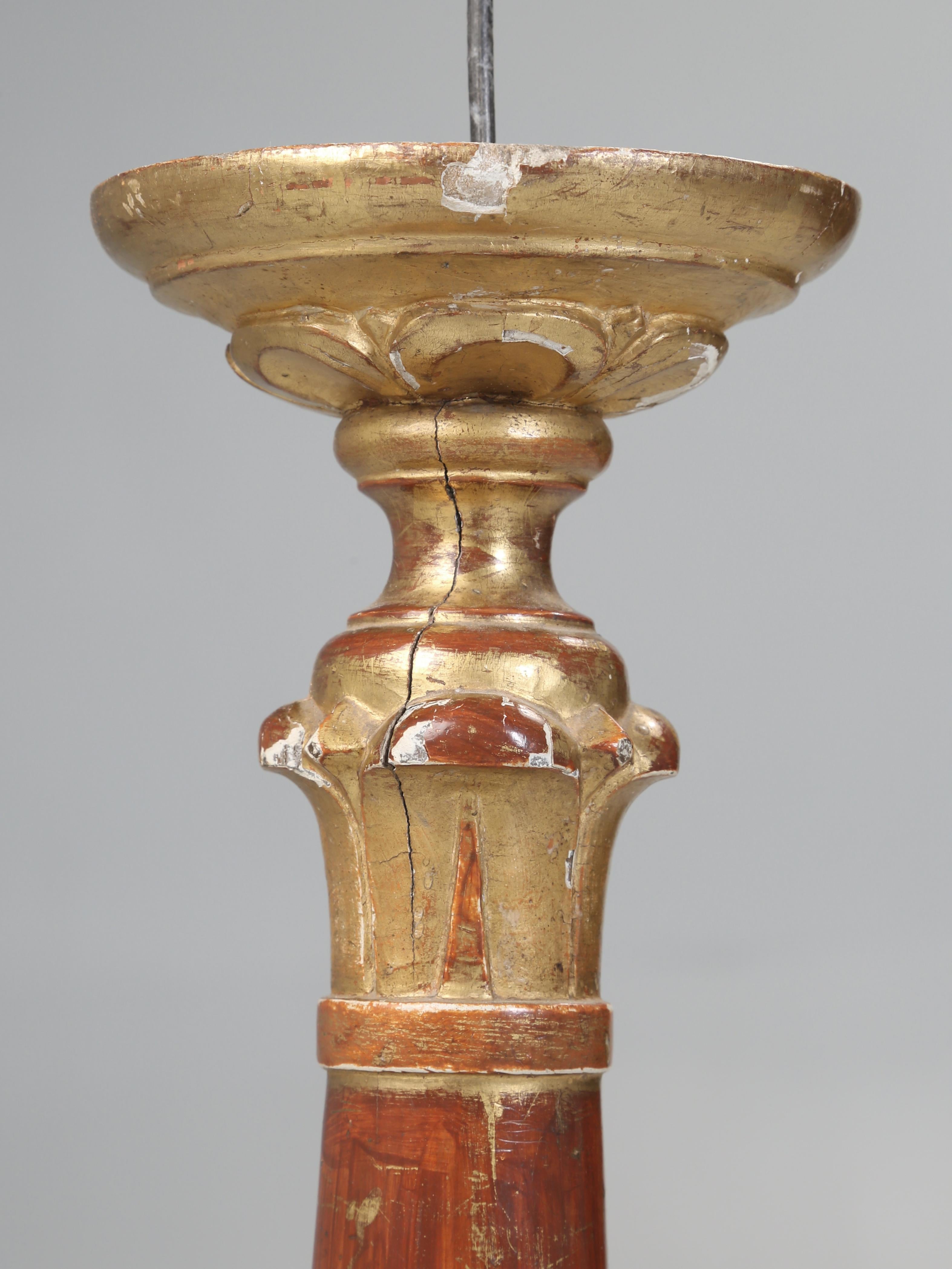 Hand-Crafted Italian Gilded Altar Candlestick Completely Original and Unrestored c1780-1820 For Sale