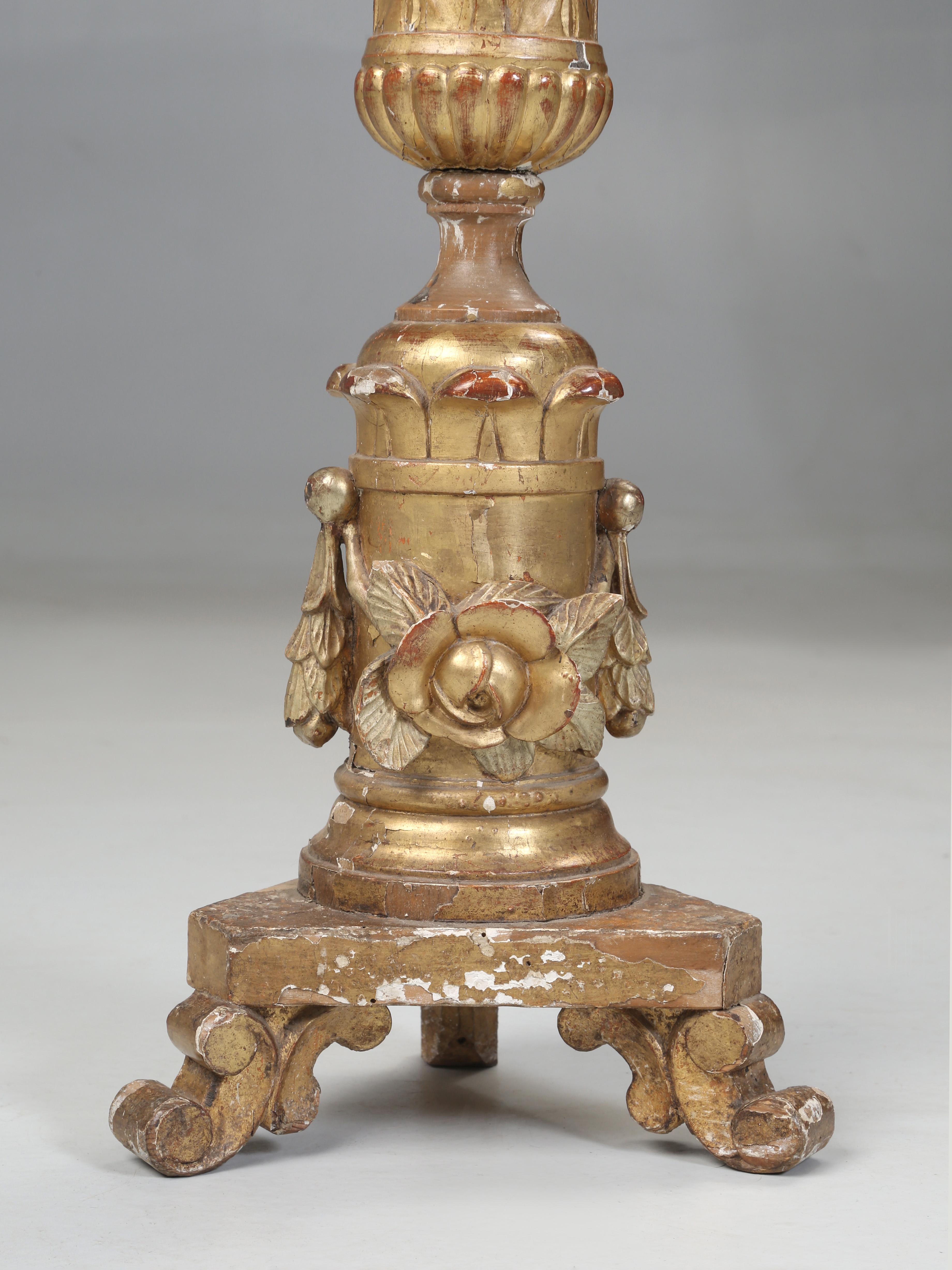Late 18th Century Italian Gilded Altar Candlestick Completely Original and Unrestored c1780-1820 For Sale