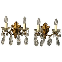 Italian Gilded and Crystal Twin Arm Antique Wall Lights Italian Gilded and Crystal Twin Arm Antique Wall Lights