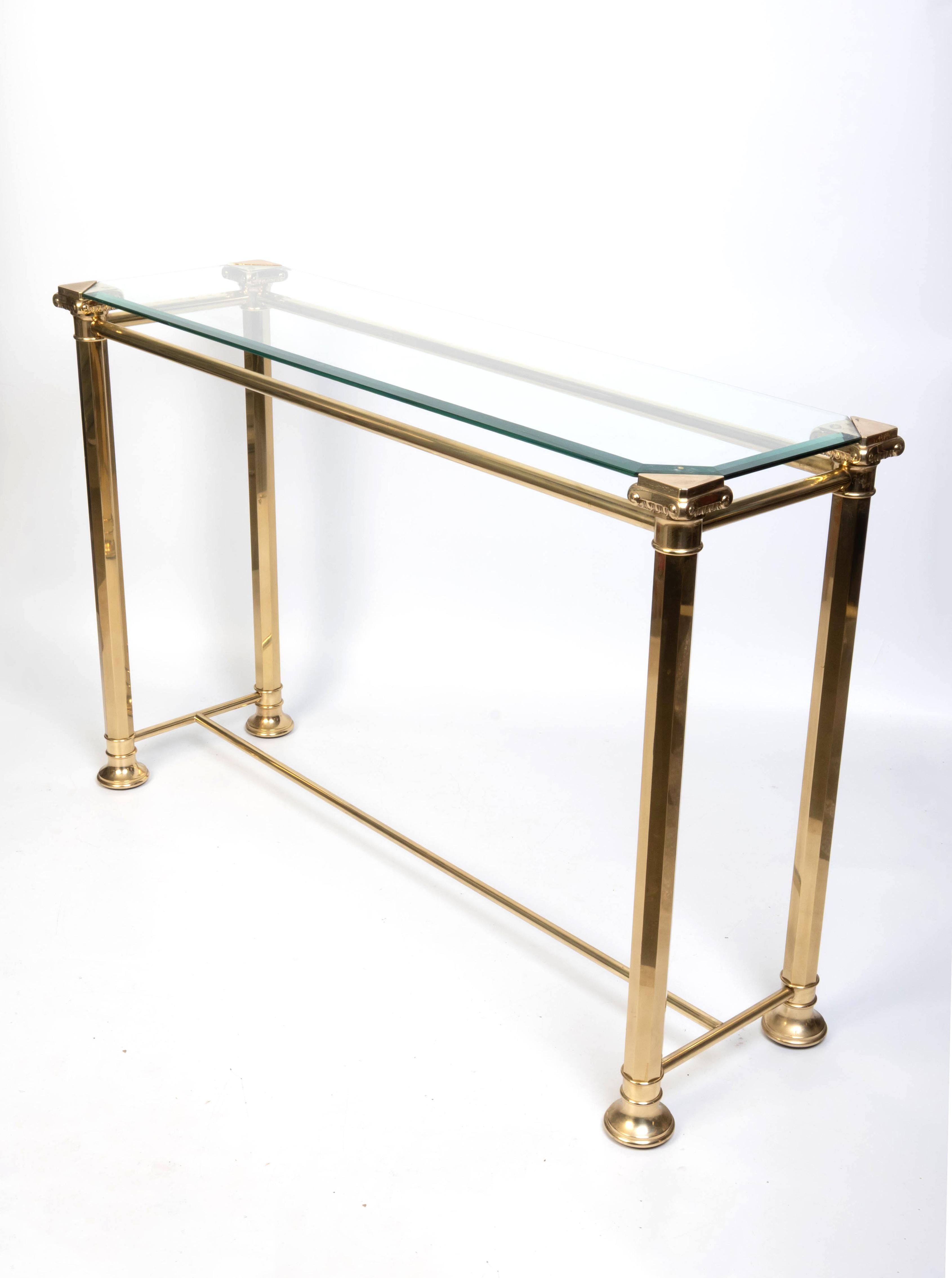 Italian Gilded Brass And Glass Console Table, 
Neoclassic Style
Orsegnio C.1970

In very good condition commensurate with age.

Please message for an accurate shipping quote.