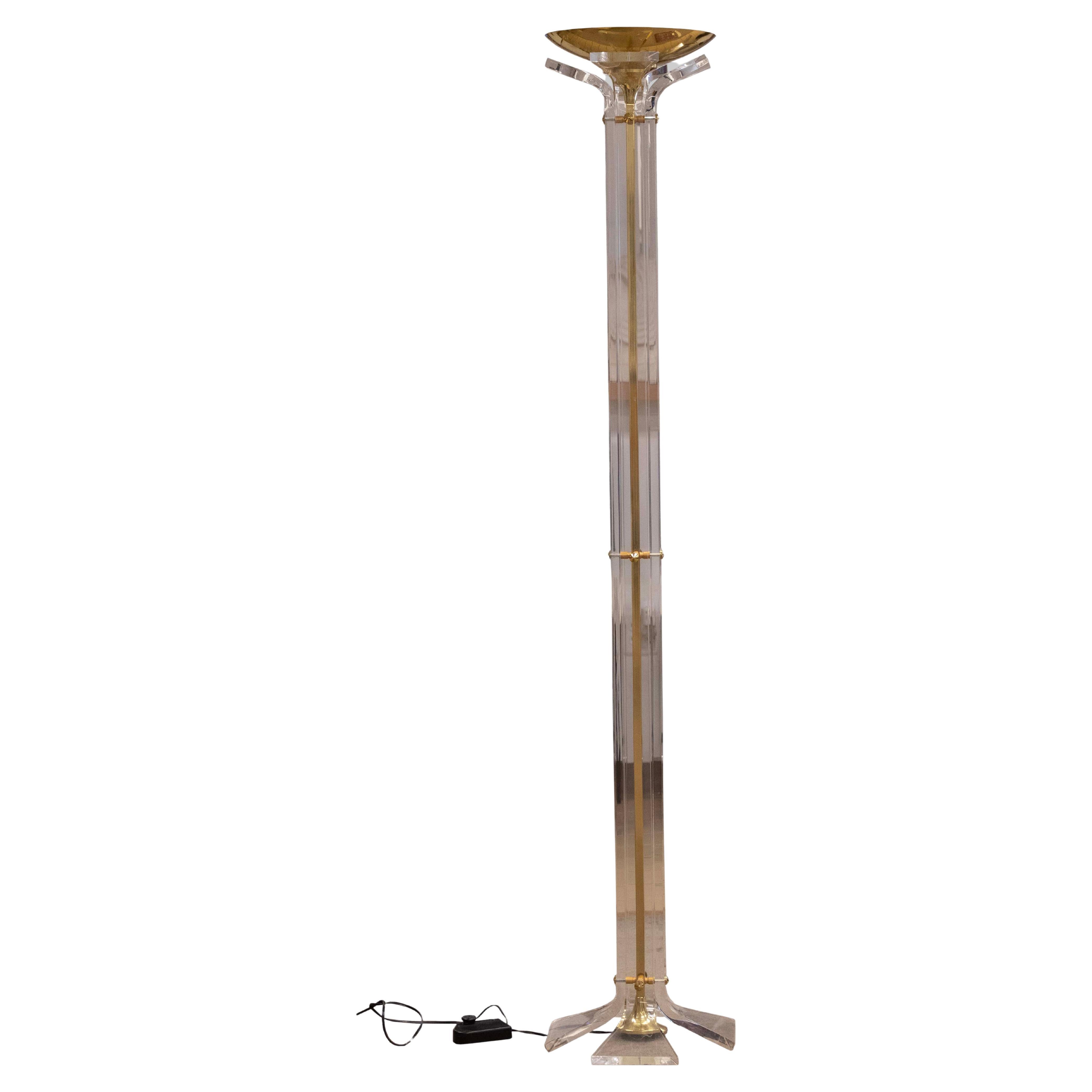 Italian Gilded Brass and Lucite Acrylic Torchiere Uplight Floor Lamp Circa 1970s