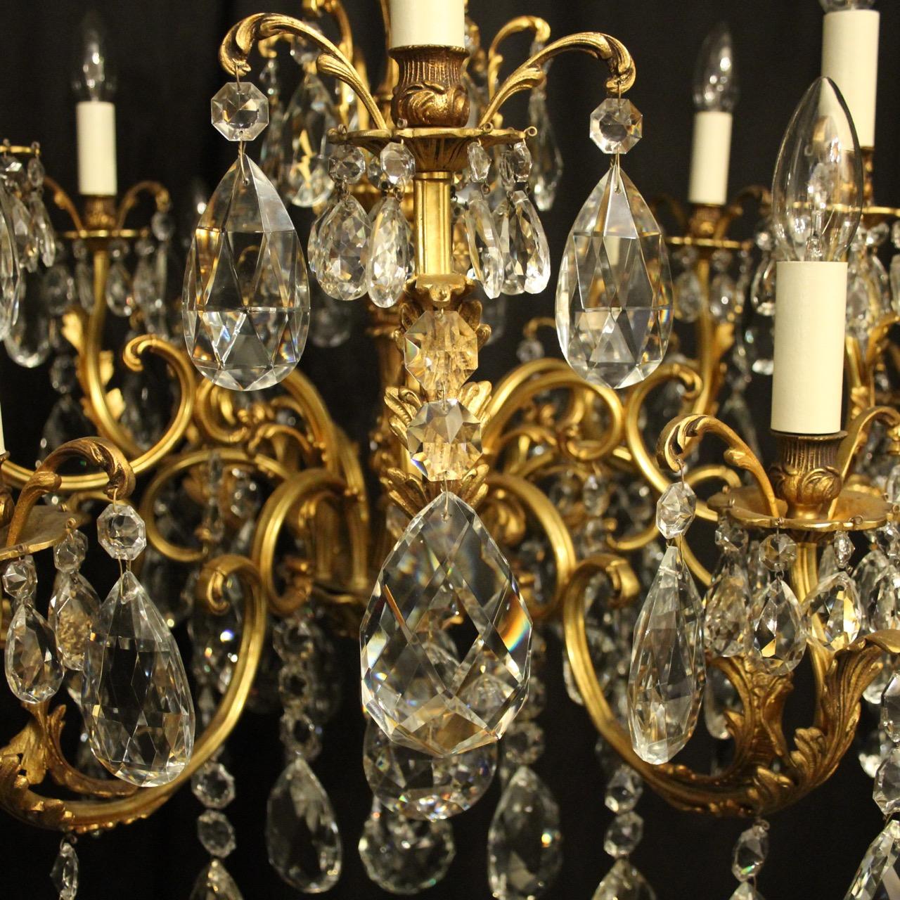 Gilt Italian Gilded Bronze and Crystal 12-Light Antique Chandelier For Sale