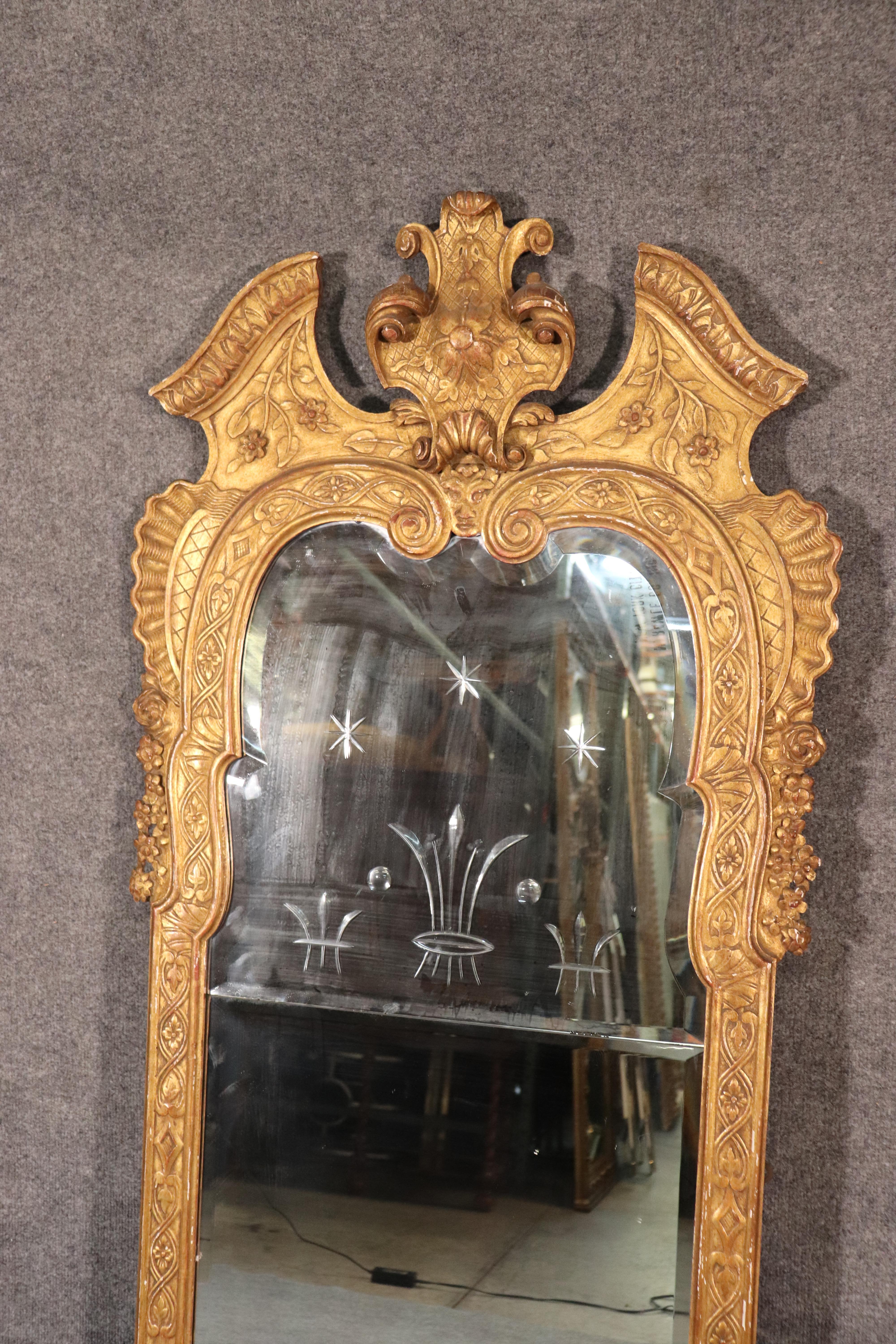 Louis XVI Italian Gilded Carved Venetian Etched Glass Wall Mirror, circa 1930