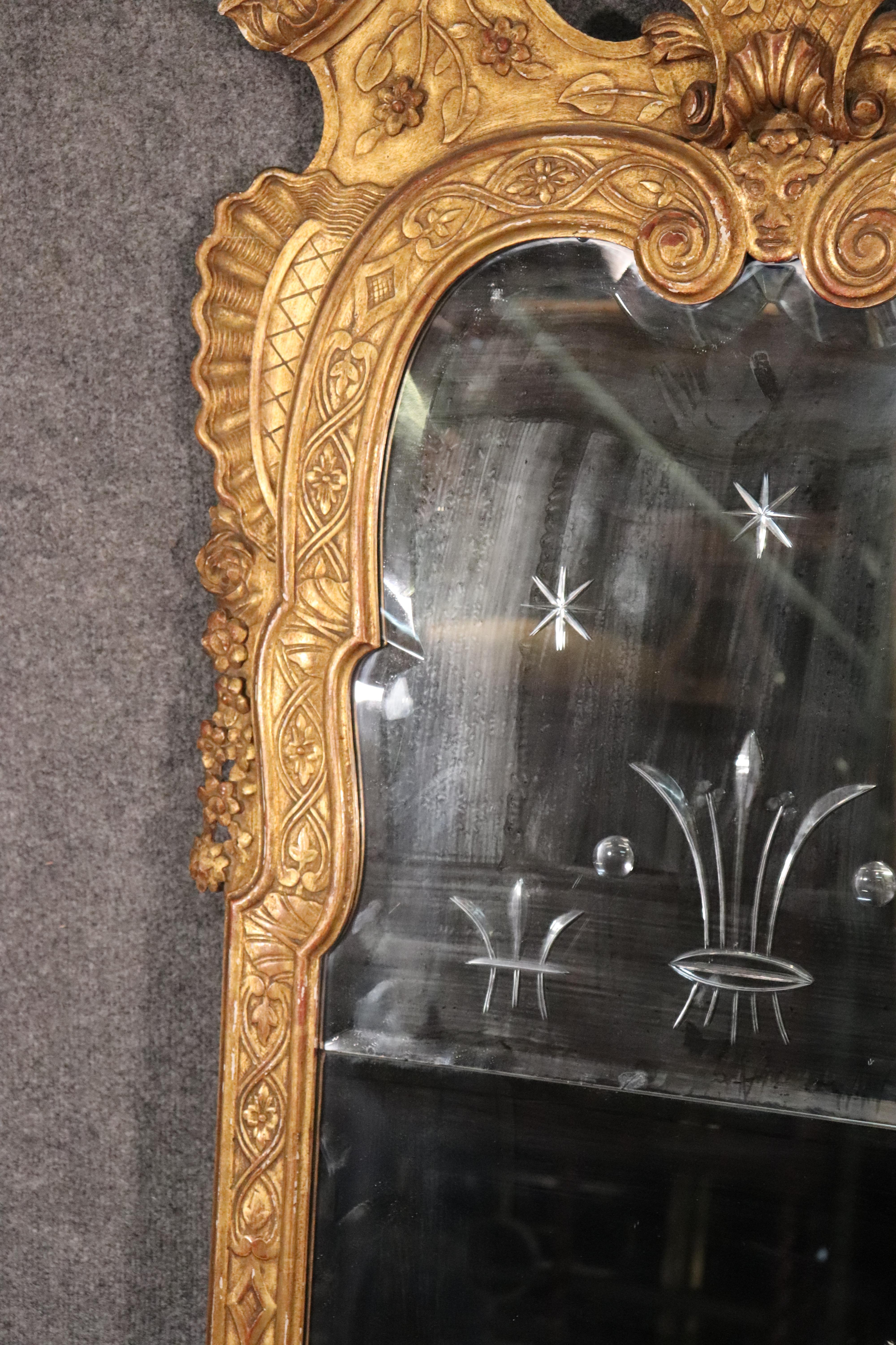 Beech Italian Gilded Carved Venetian Etched Glass Wall Mirror, circa 1930