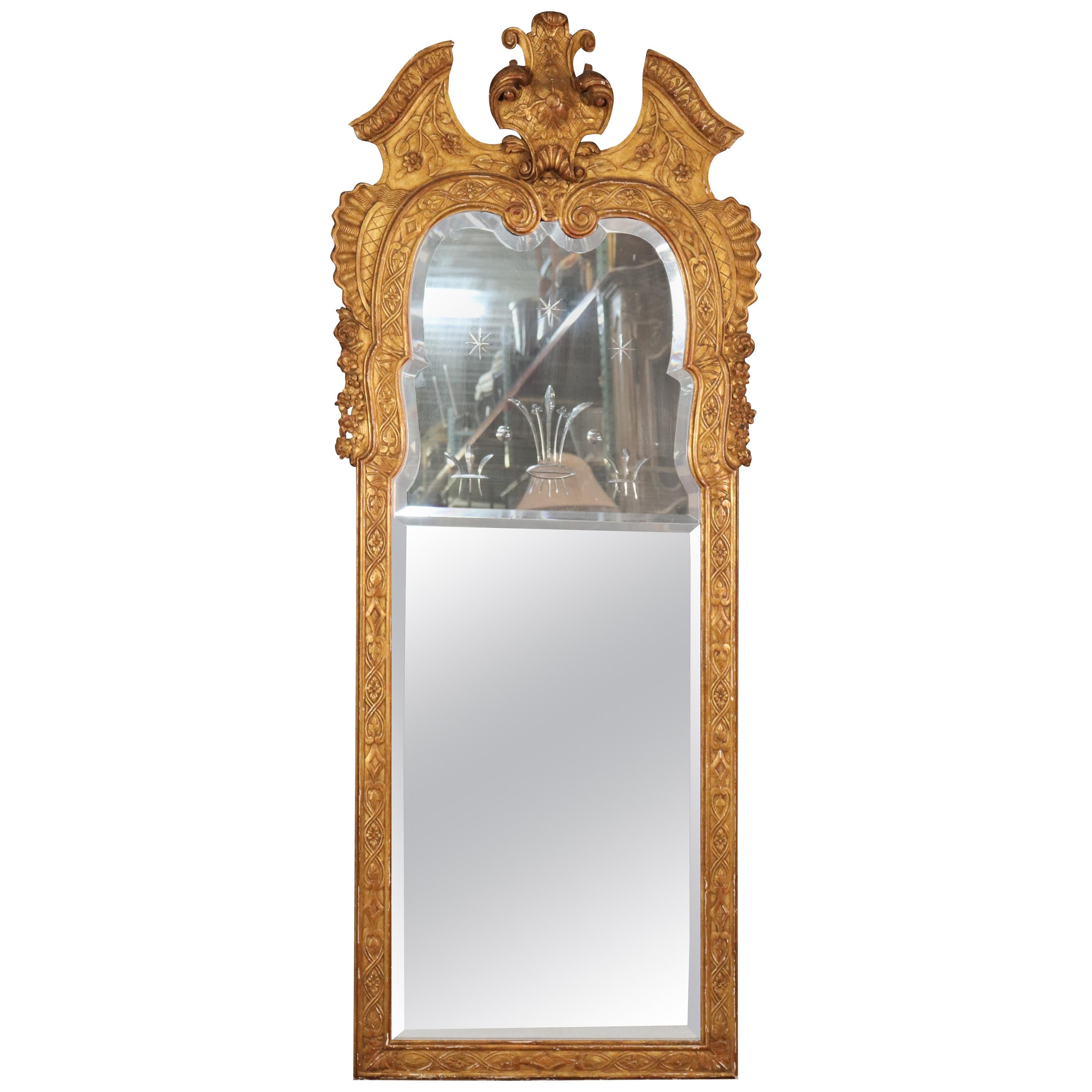 Italian Gilded Carved Venetian Etched Glass Wall Mirror, circa 1930