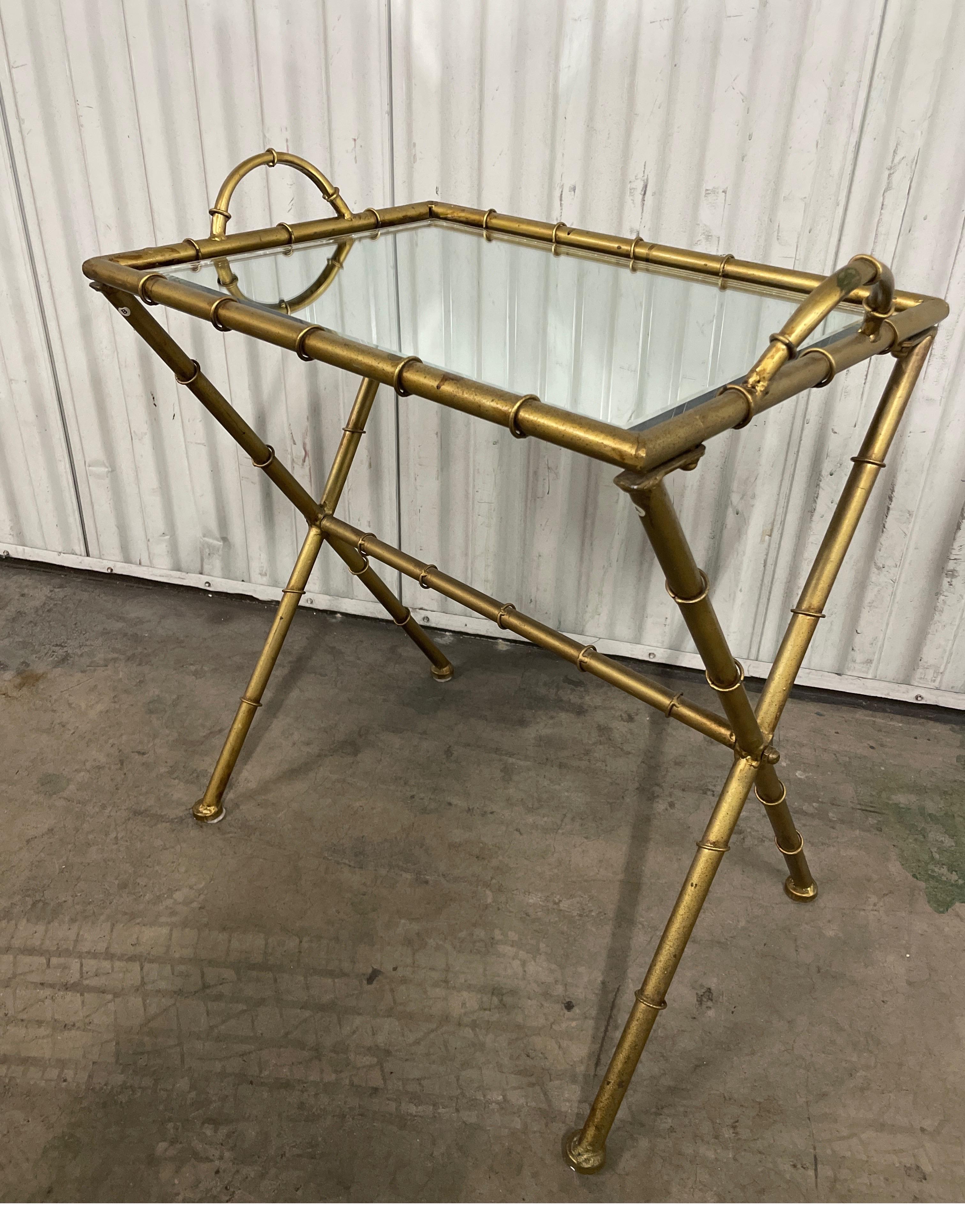 Italian Gilded Faux Bamboo Metal Tray / Snack Table In Good Condition In West Palm Beach, FL