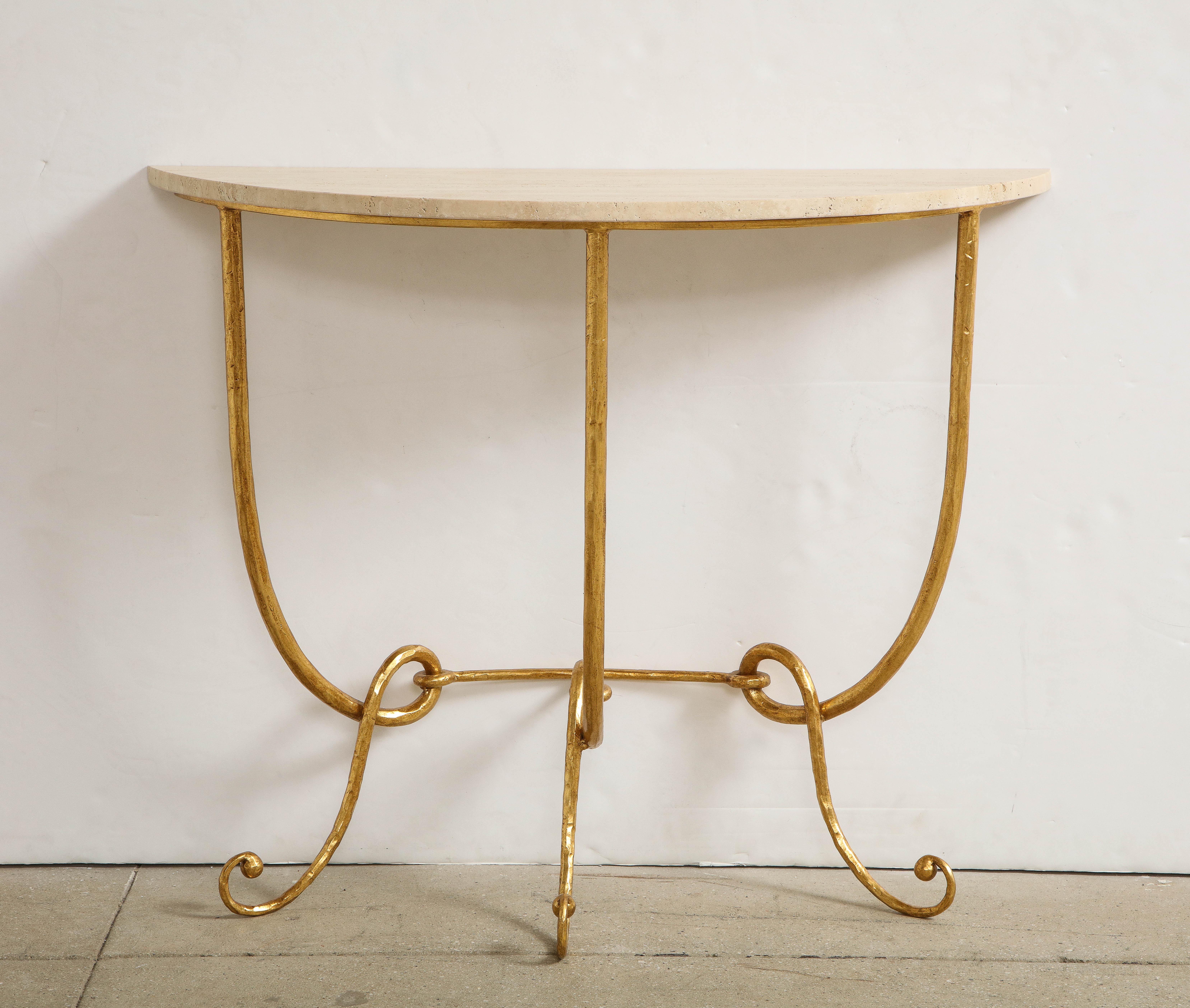 Italian Gilded Iron Demilune Console Table with Travertine Top 3