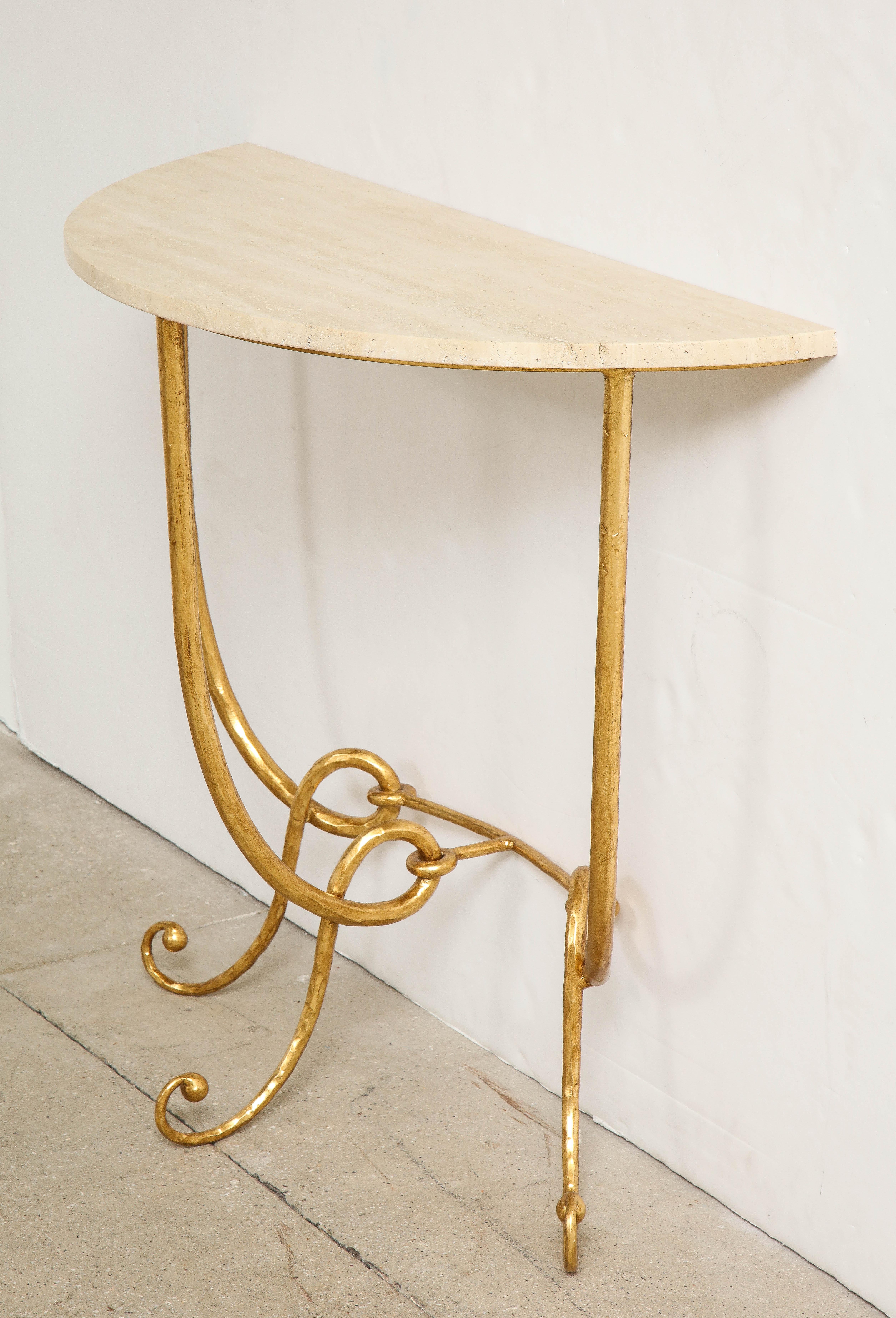 Italian Gilded Iron Demilune Console Table with Travertine Top 5