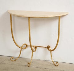 Italian Gilded Iron Demilune Console Table with Travertine Top