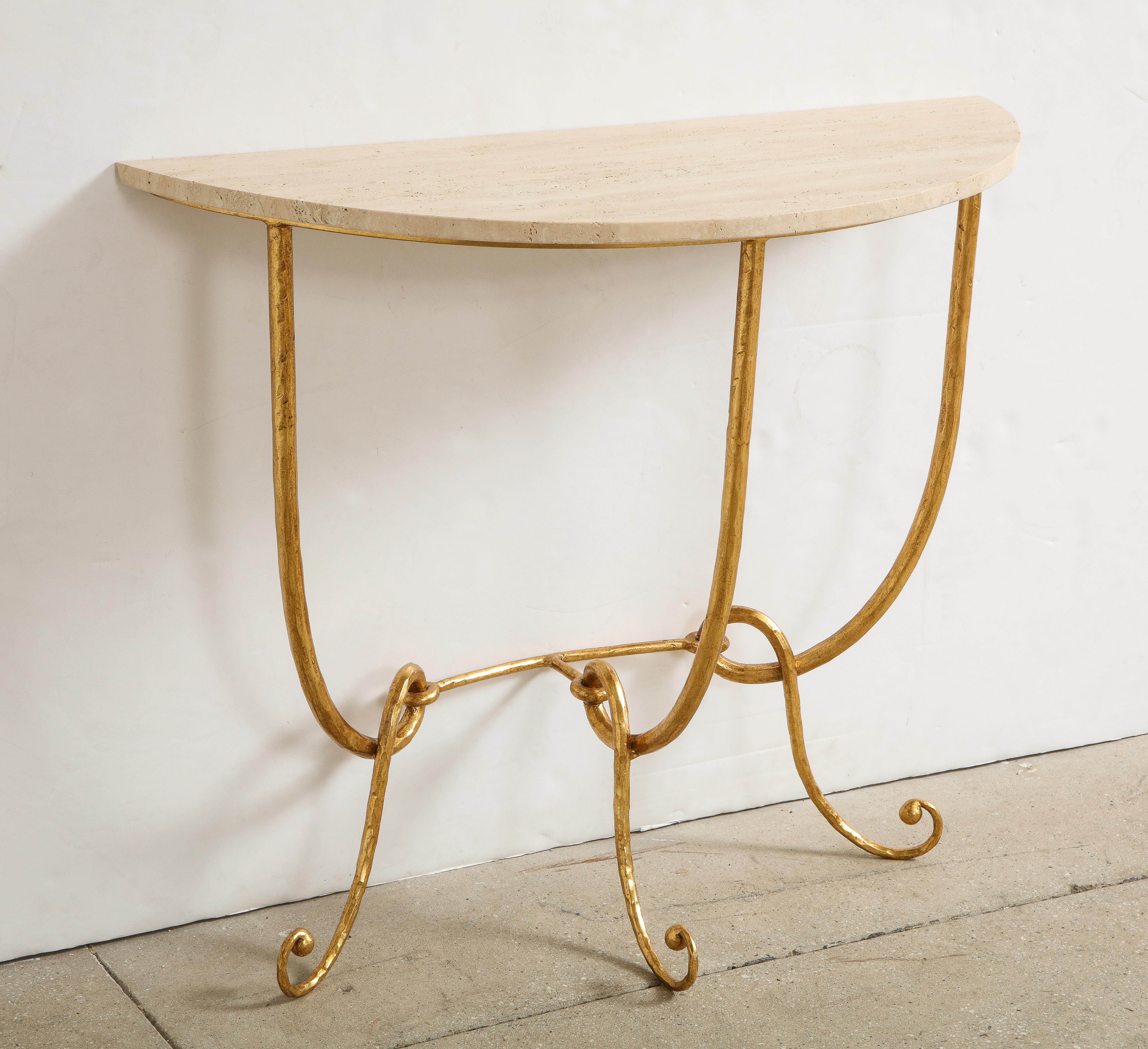 Organic Modern Italian Gilded Iron Demilune Console Table with Travertine Top