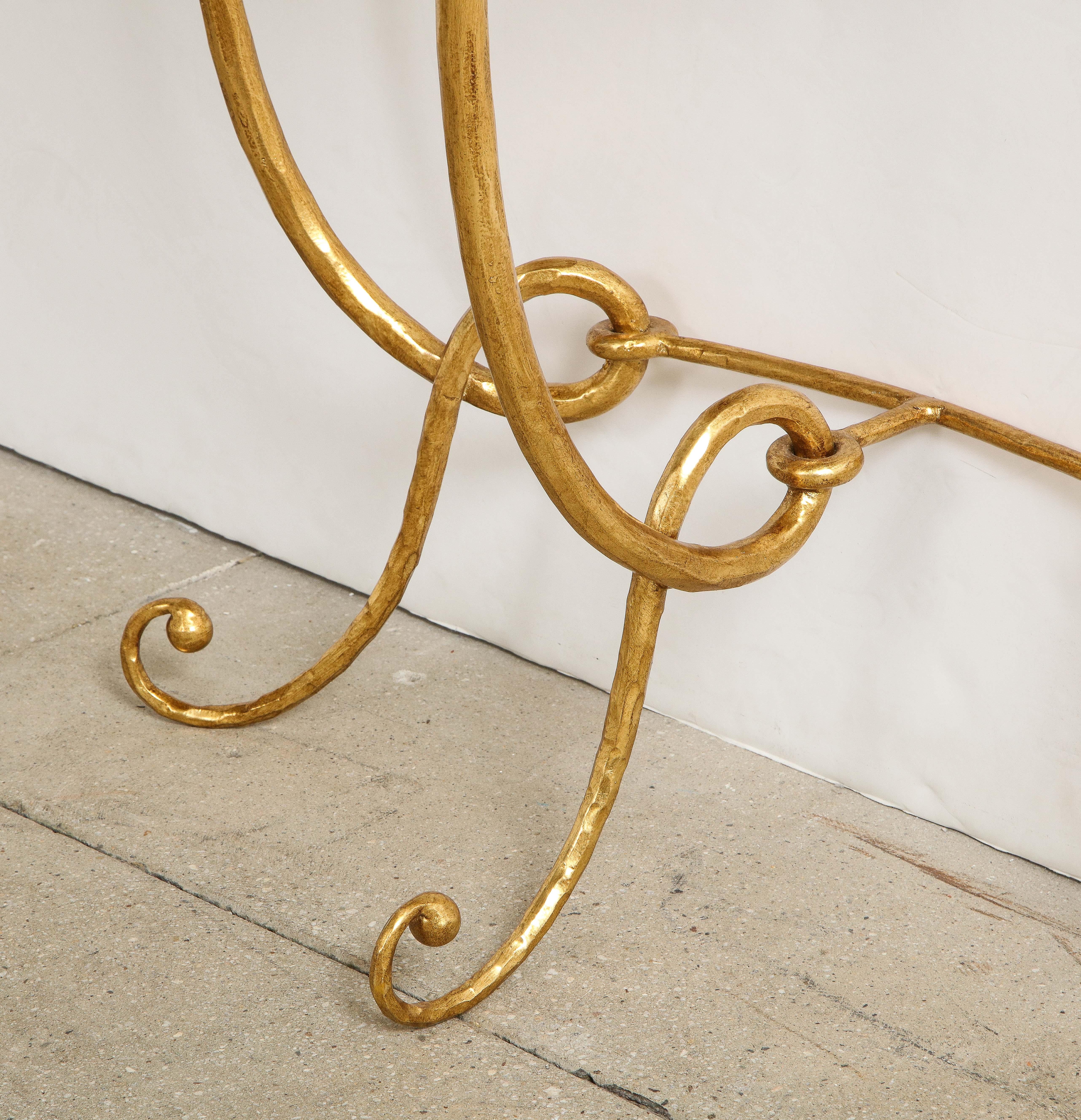 Late 20th Century Italian Gilded Iron Demilune Console Table with Travertine Top