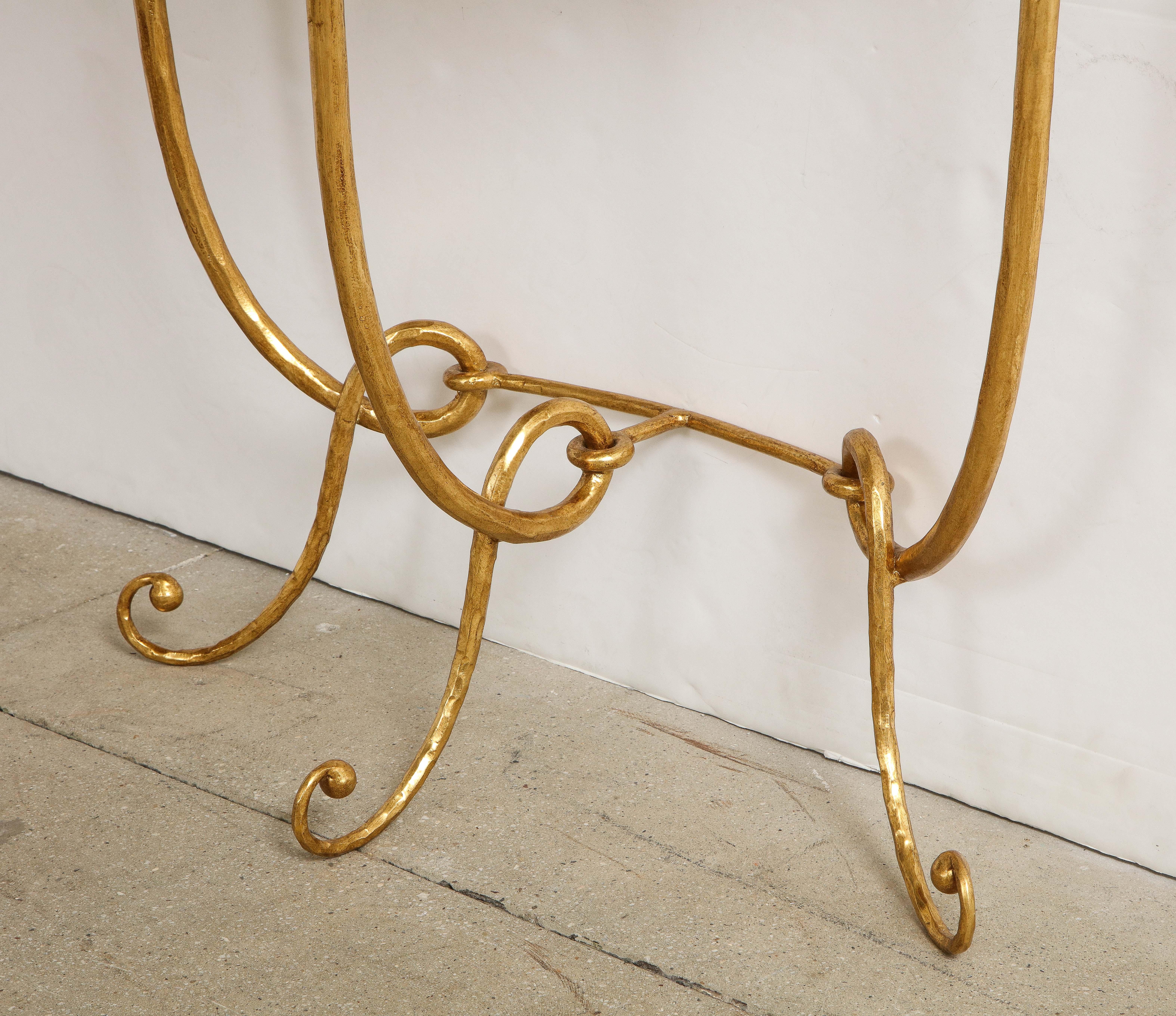 Italian Gilded Iron Demilune Console Table with Travertine Top 1