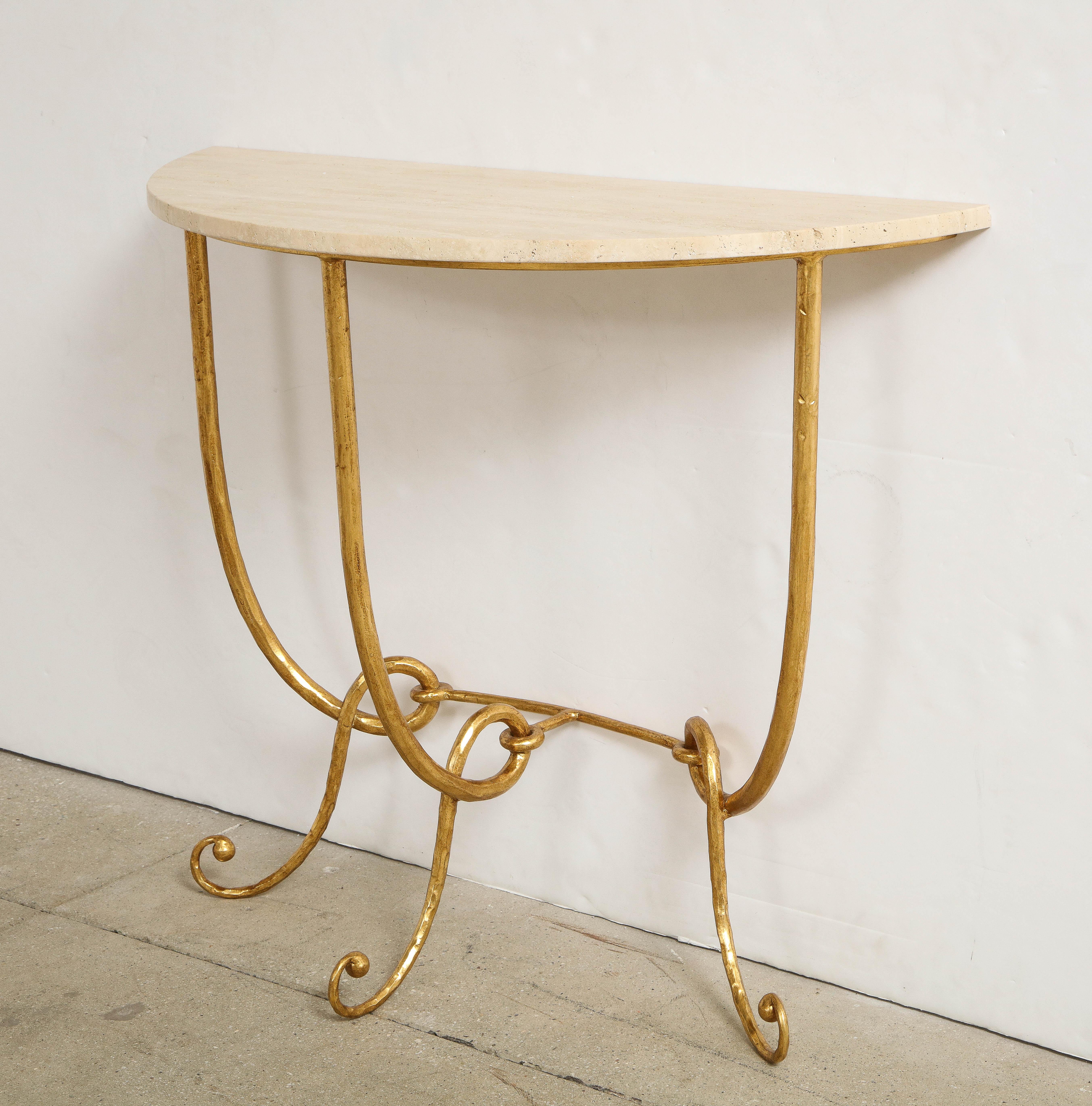 Italian Gilded Iron Demilune Console Table with Travertine Top 2