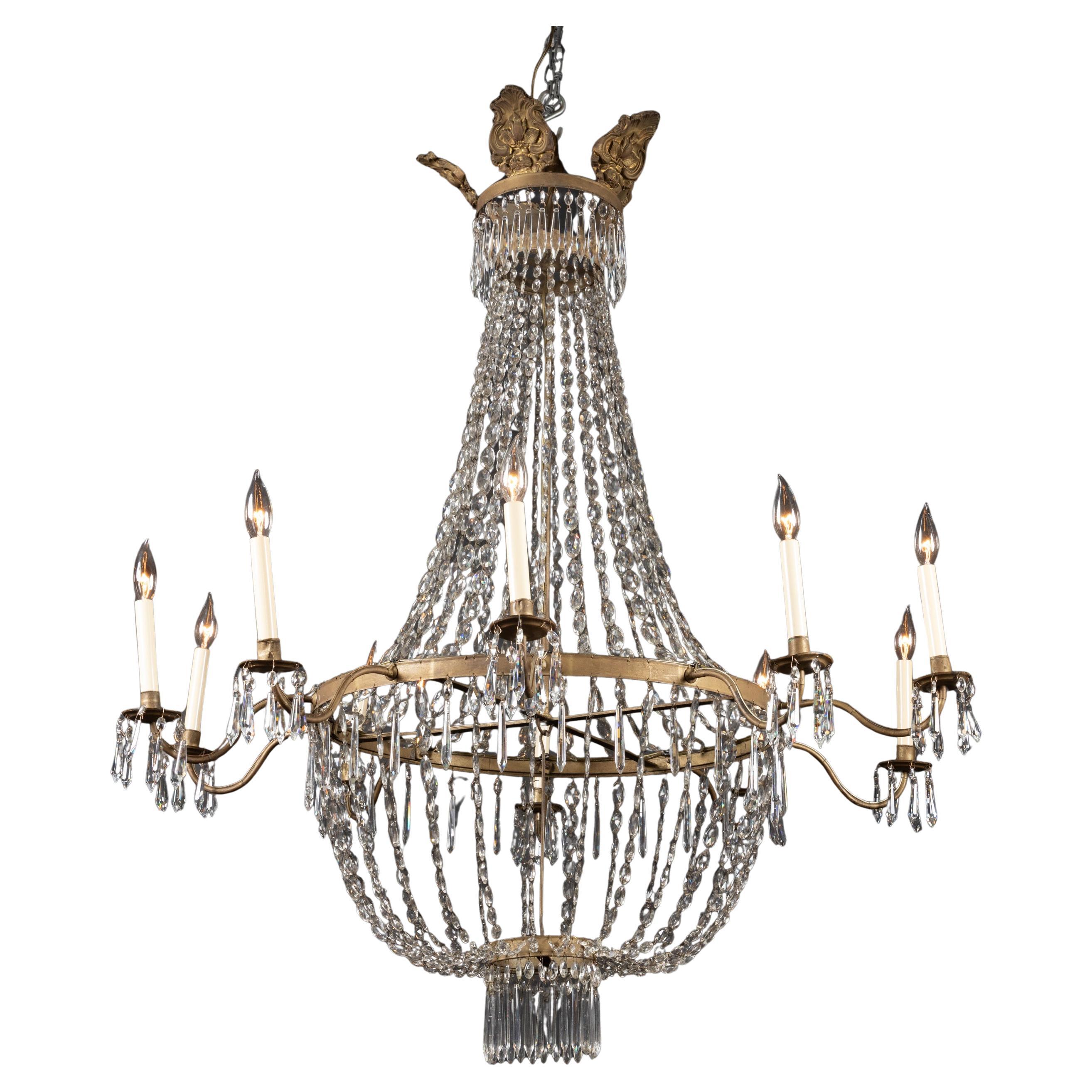 Italian Gilded Iron, Tole, & Crystal Directoire Chandelier For Sale