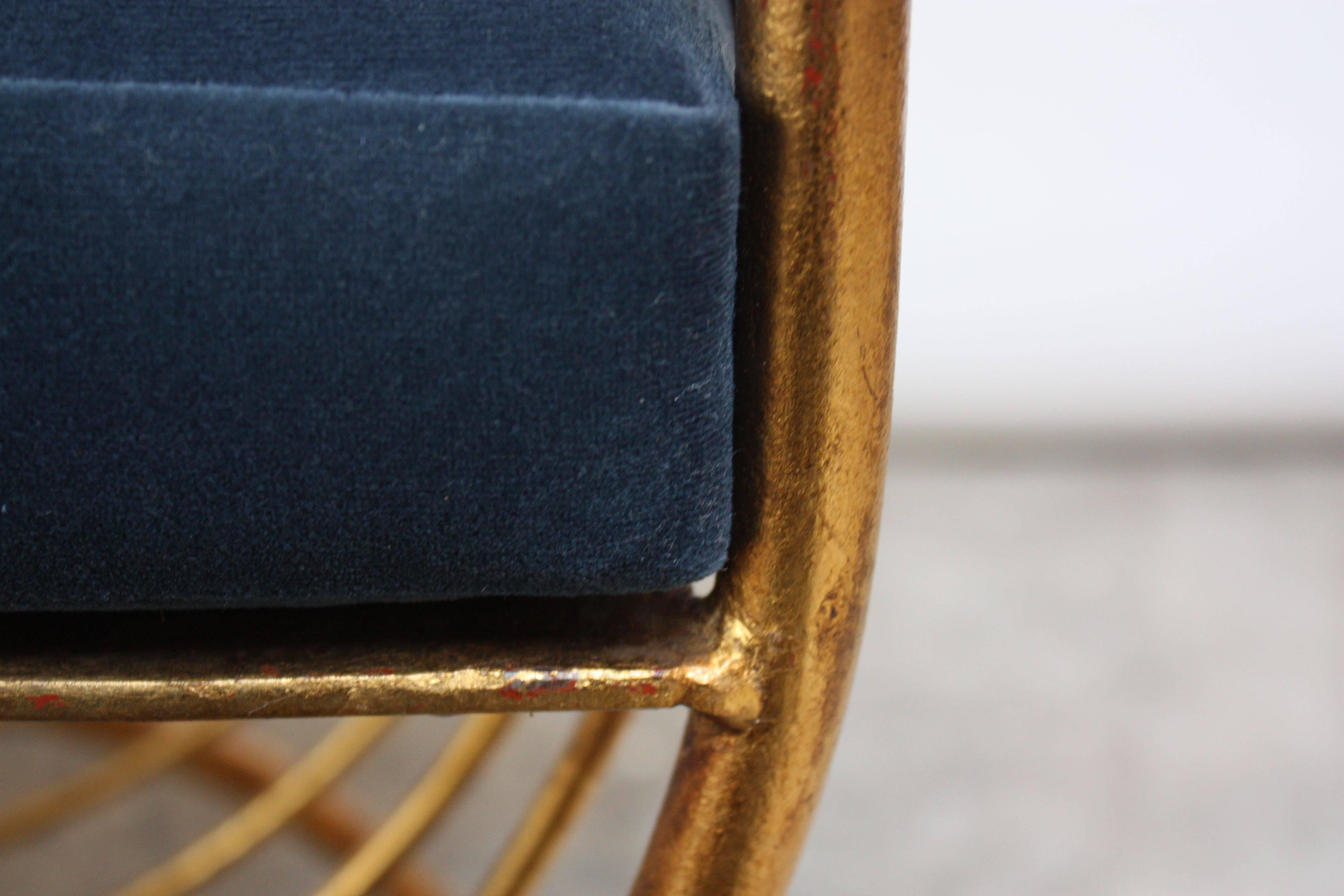 Italian Gilded Metal Stool or Bench with Blue Velvet Cushion by S. Salvadori 4