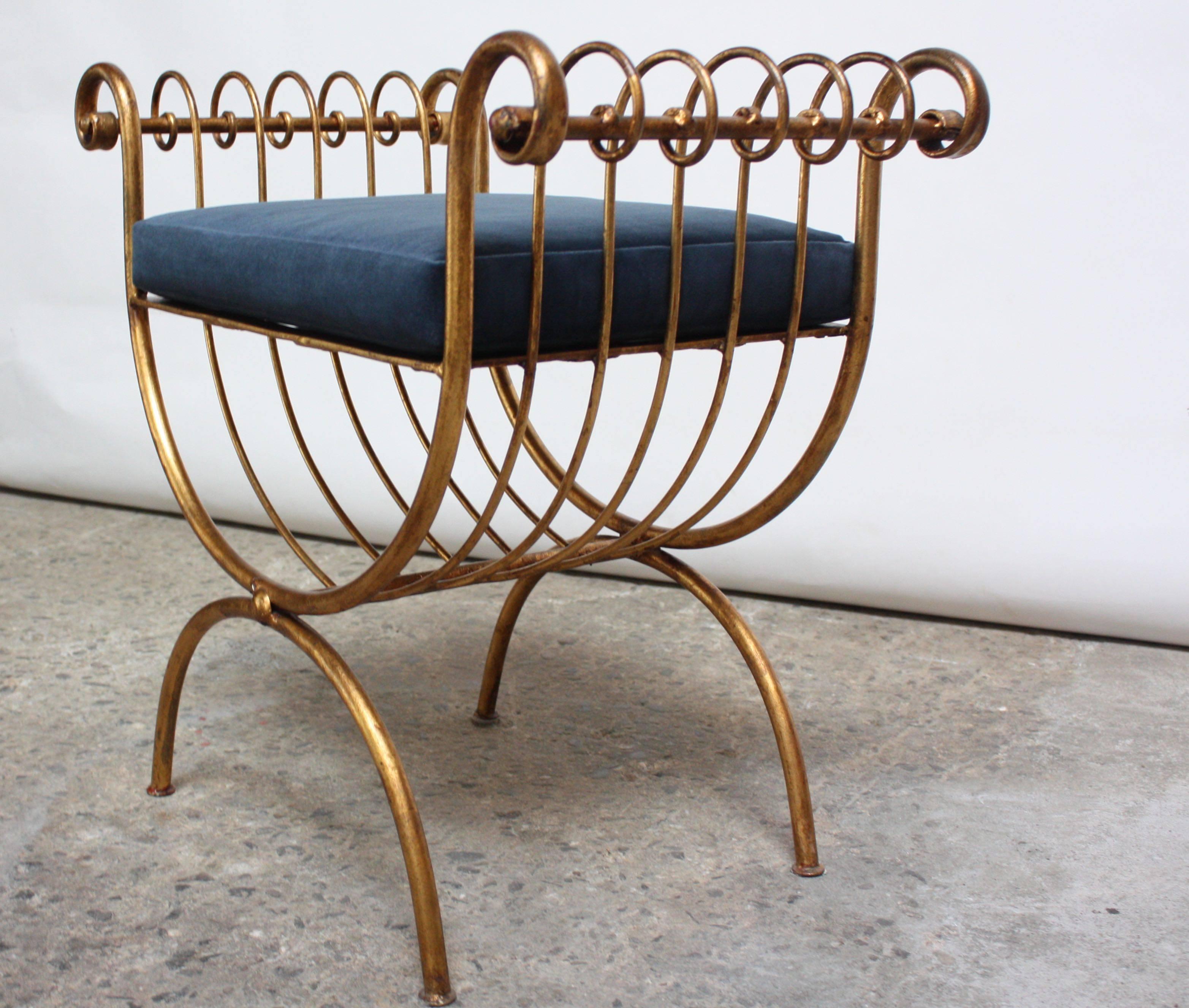 Italian Gilded Metal Stool or Bench with Blue Velvet Cushion by S. Salvadori In Good Condition In Brooklyn, NY