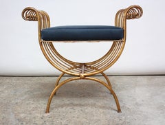 Italian Gilded Metal Stool or Bench with Blue Velvet Cushion by S. Salvadori