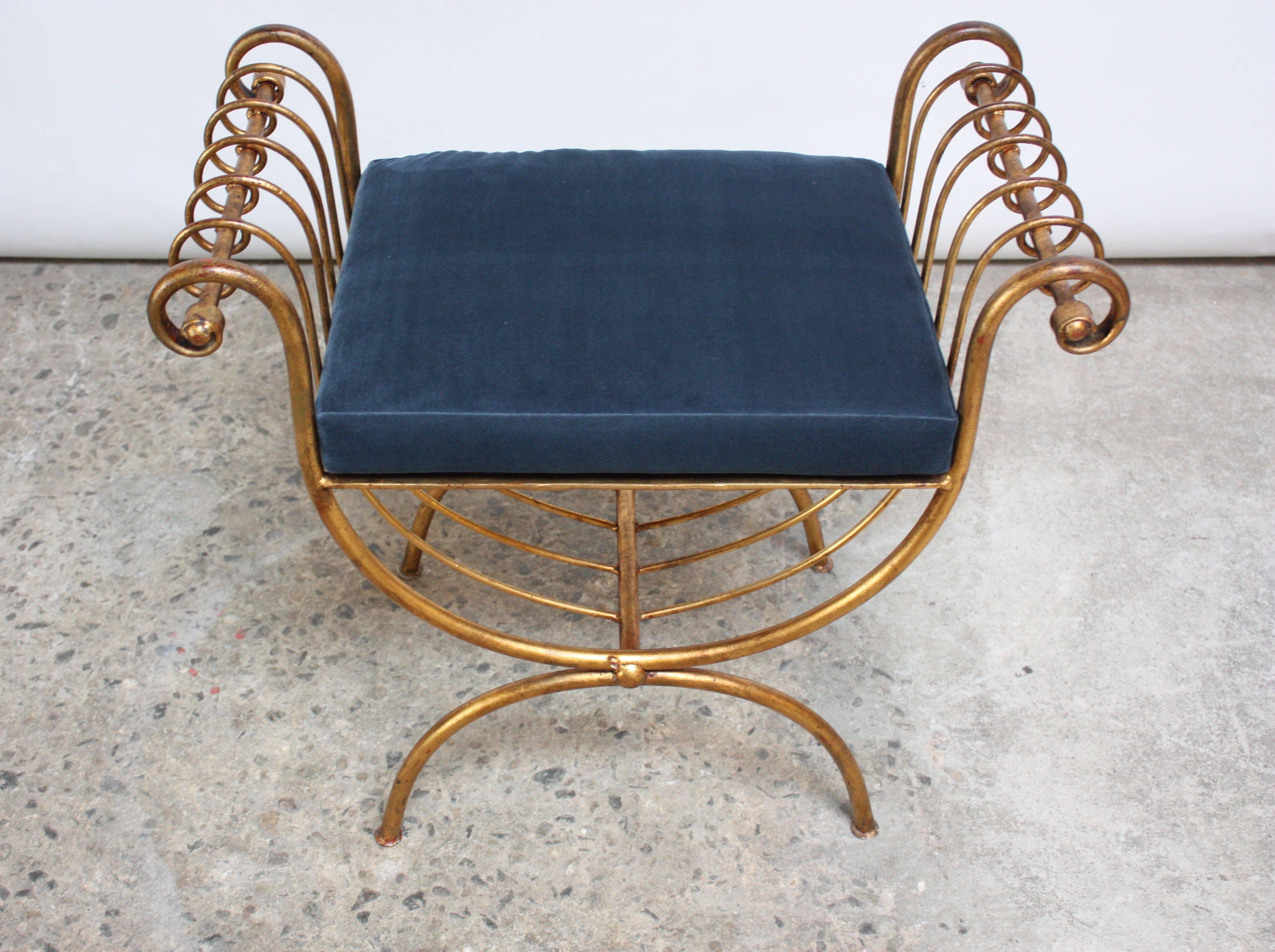Mid-Century Modern Italian Gilded Metal Stool or Bench with Blue Velvet Cushion by S. Salvadori