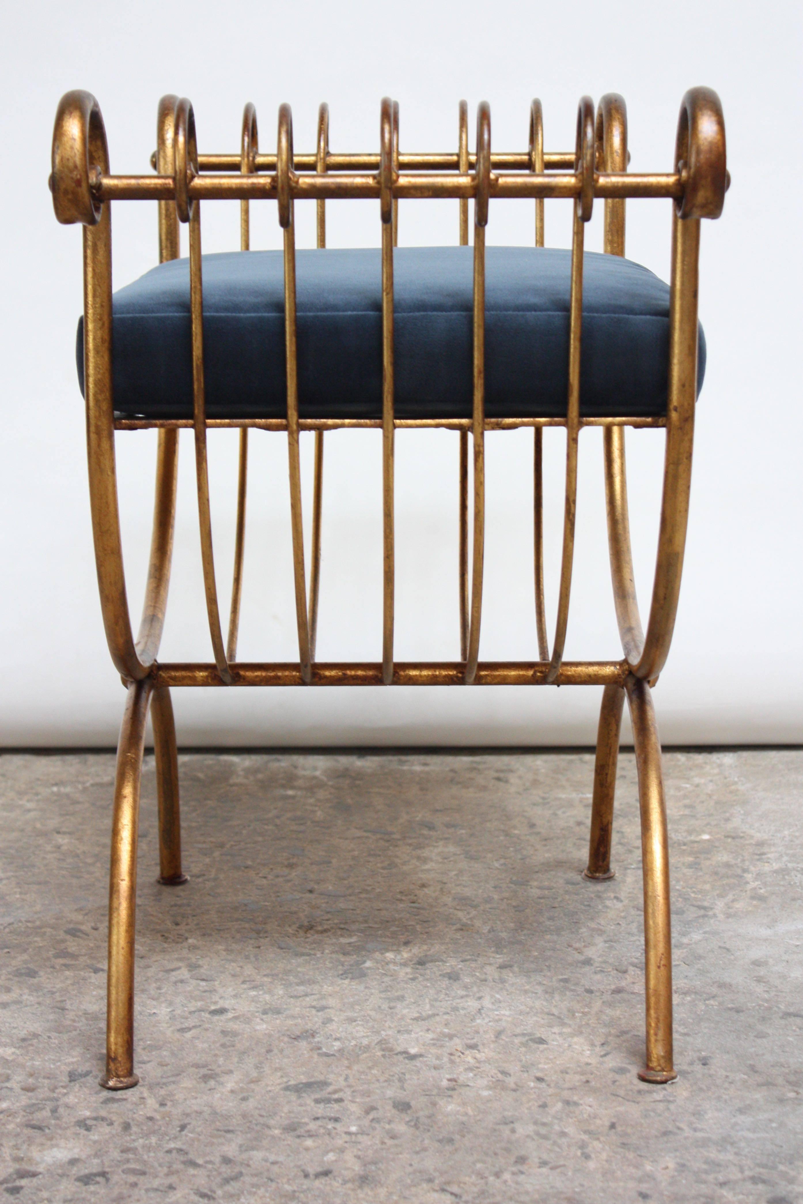 Gilt Italian Gilded Metal Stool or Bench with Blue Velvet Cushion by S. Salvadori