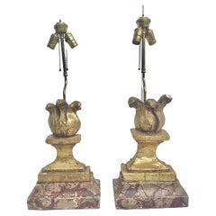 Italian Gilded Painted Fragments Mounted into Pair Table Lamps