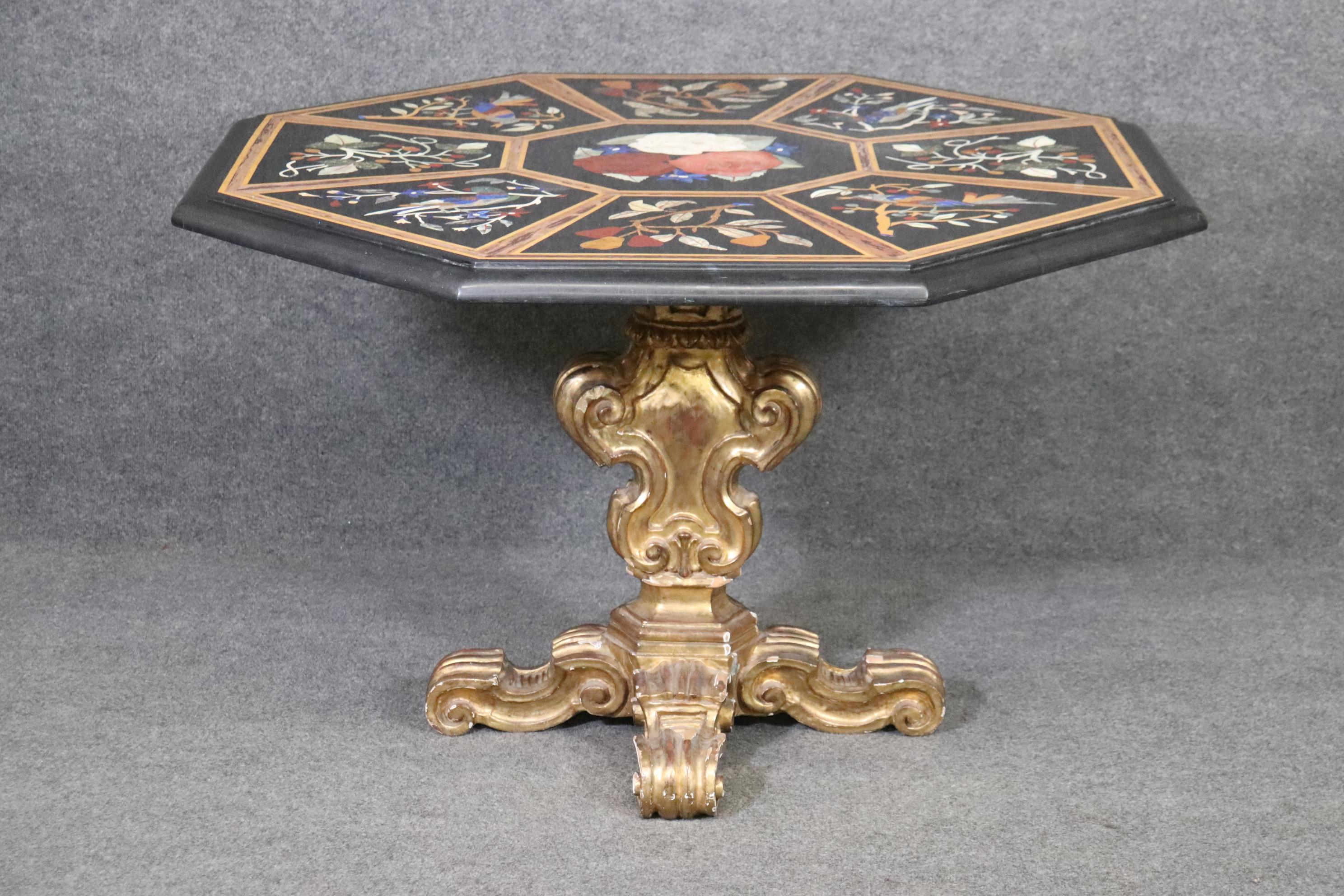 Italian Gilded Rococo Pietra Dura Inlaid Marble Top Center Table, circa 1950s For Sale 5