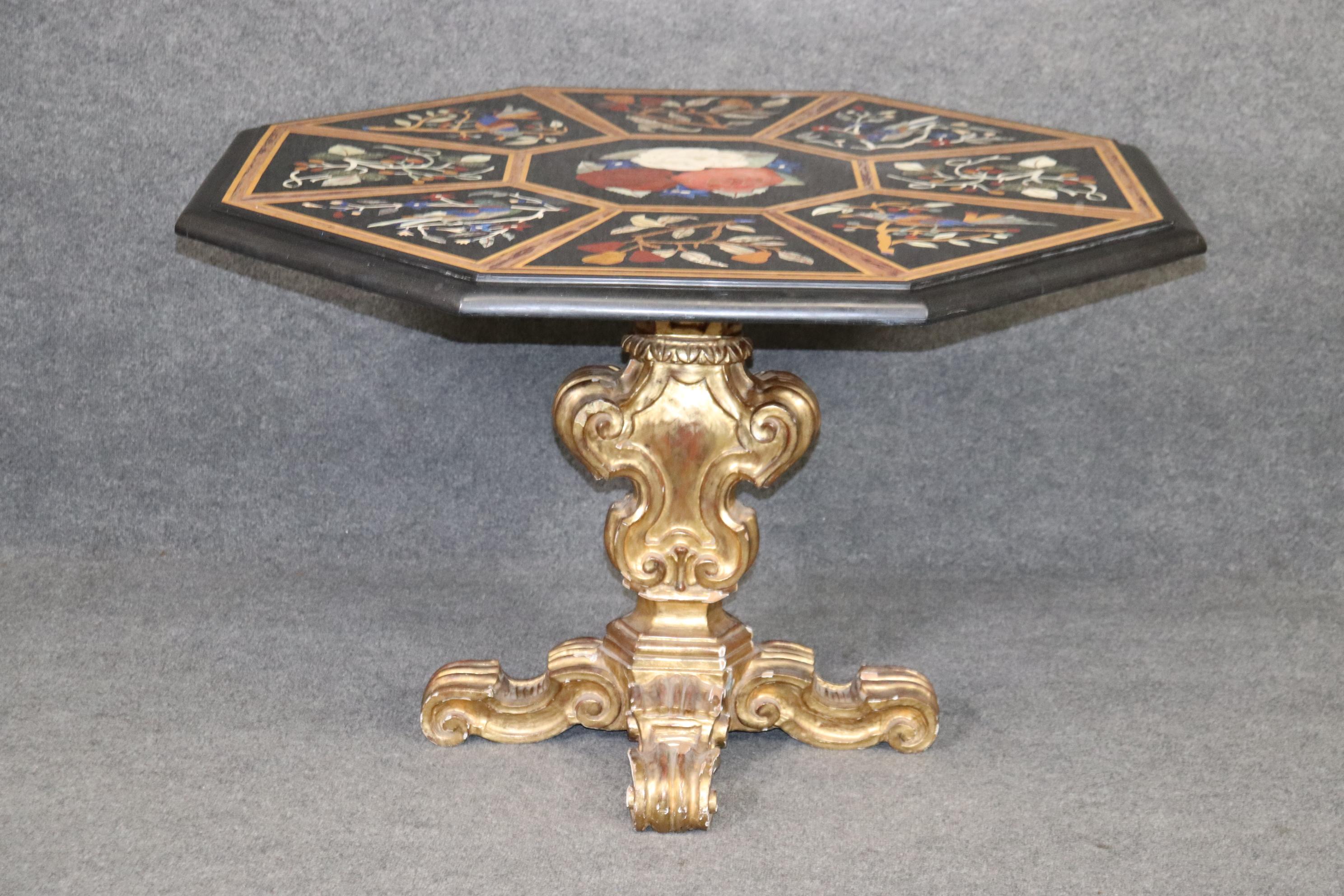 Italian Gilded Rococo Pietra Dura Inlaid Marble Top Center Table, circa 1950s For Sale 6