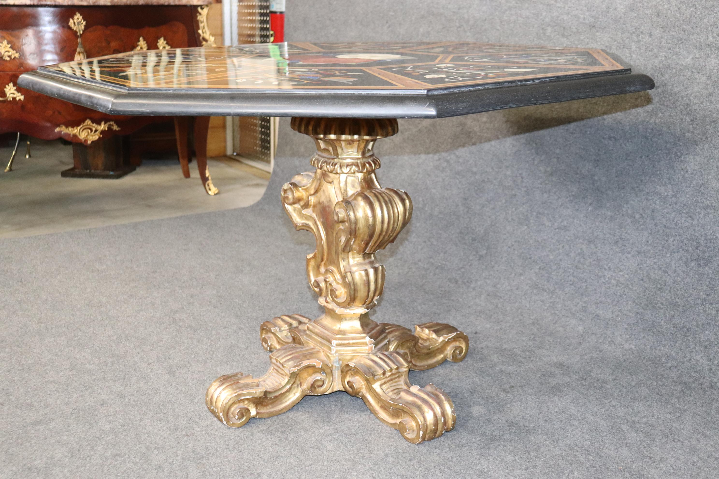 Italian Gilded Rococo Pietra Dura Inlaid Marble Top Center Table, circa 1950s For Sale 7