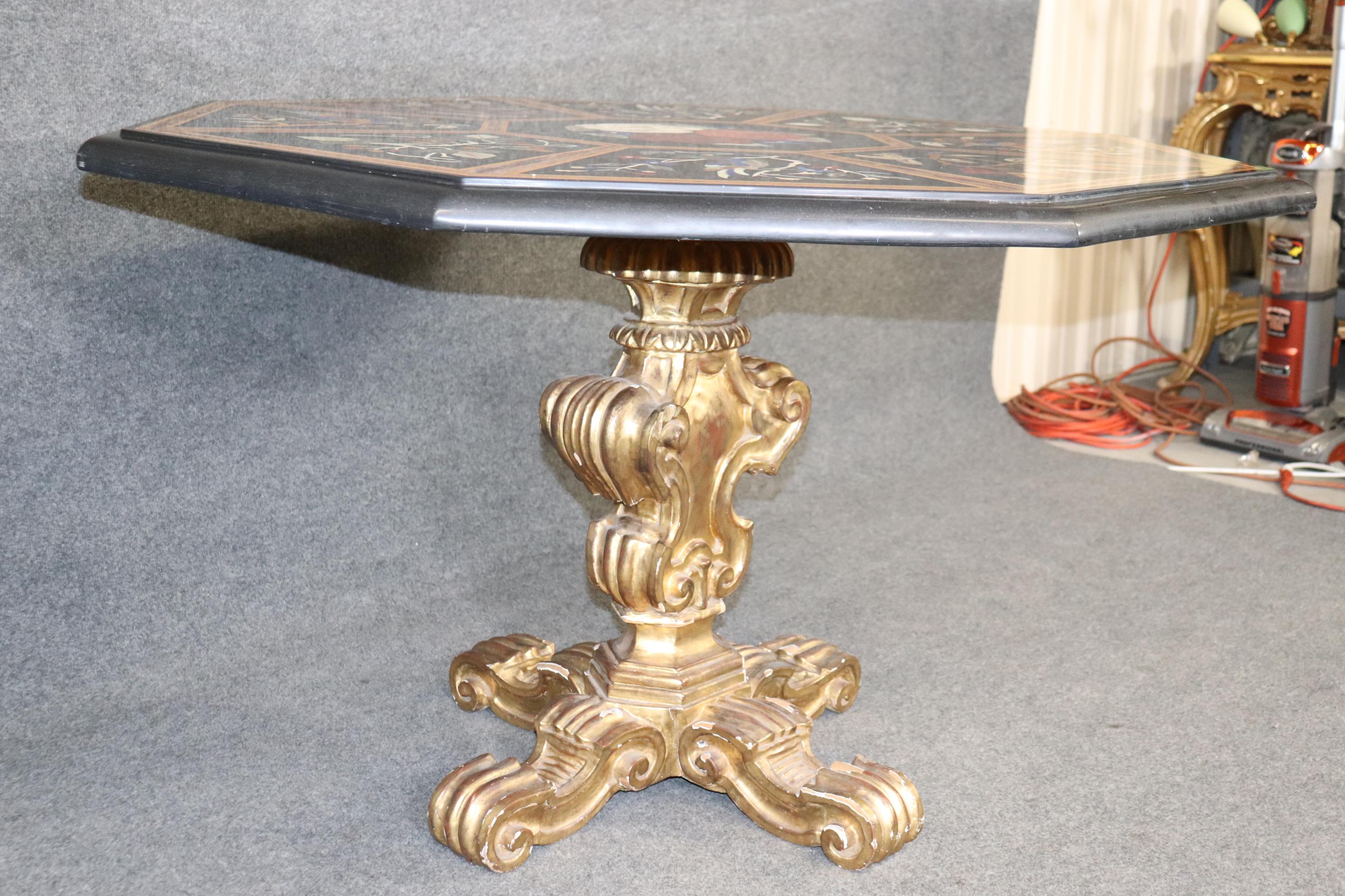 Italian Gilded Rococo Pietra Dura Inlaid Marble Top Center Table, circa 1950s For Sale 8
